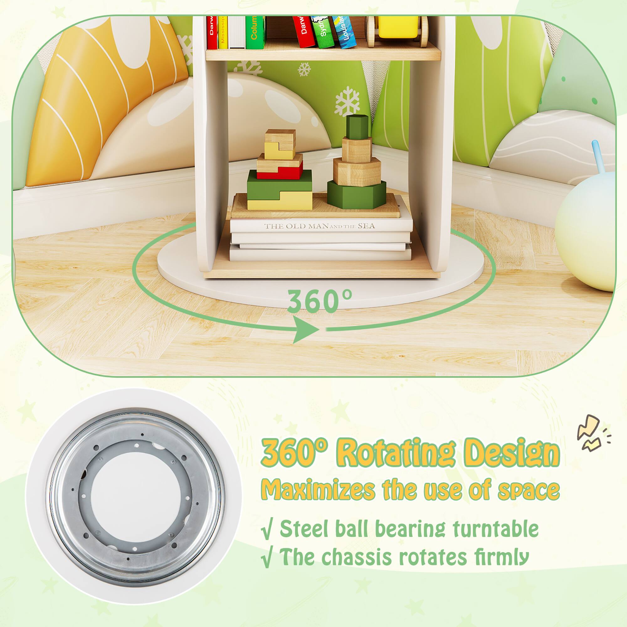 360° Rotating Design, Maximizes the use of space, Steel ball bearing turntable, The chassis rotates firmly