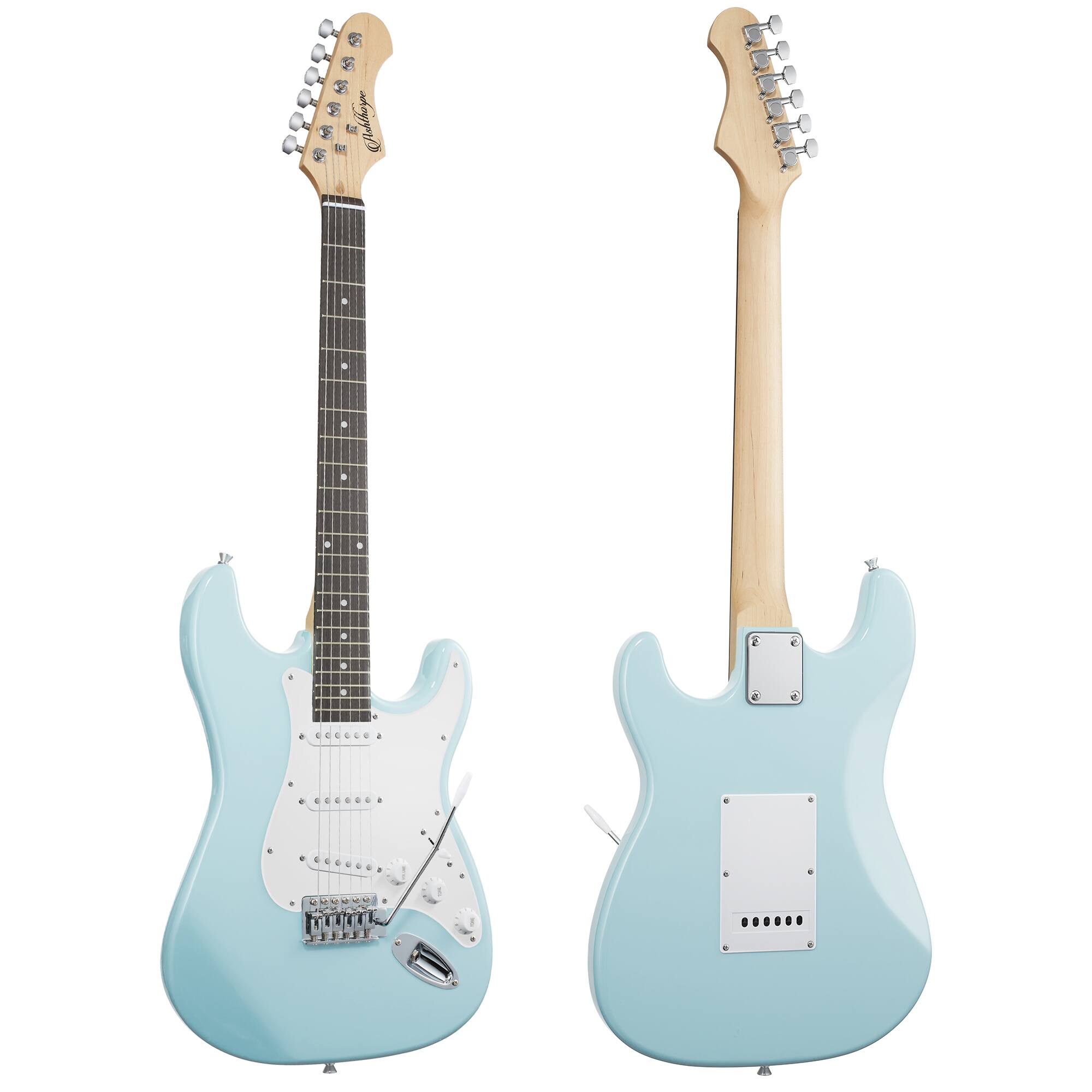 Alt View 3. Ashthorpe - 39-in Full-Size Electric Guitar Beginner Kit with Gig Bag - Light Blue-Silver.