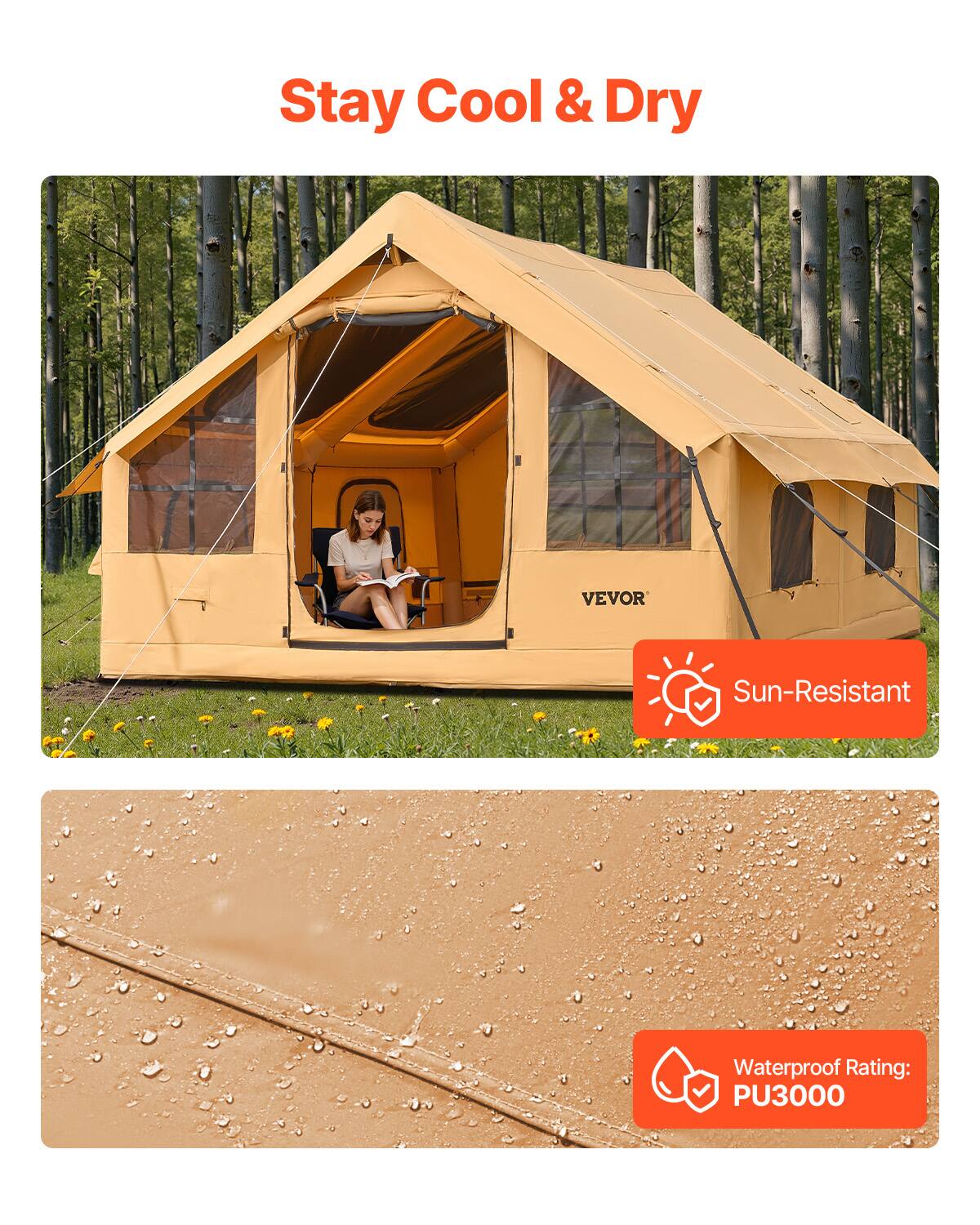 Stay Cool & Dry
VEVOR
Sun-Resistant
Waterproof Rating: PU3000