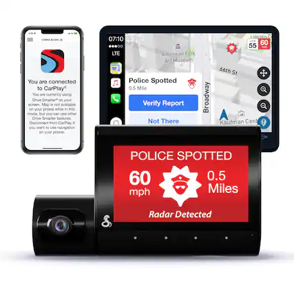 4:30 50 COBRA SC220C
You are connected to CarPlay
You are currently using Drive Smarter on your screen. Map is not available on your phone while in this mode, but you can use other Drive Smarter features. Disconnect from CarPlay if you want to use navigation on your phone.
Lincoln 07:10
Limit 60 00 55 mph
LTE
American Folk Art Museum
66th St
Police Spotted 0.5 Mile
Verify Not There
Report
Broadway
Kaufman Cent
POLICE SPOTTED 60 0.5 mph Miles
Radar Detected