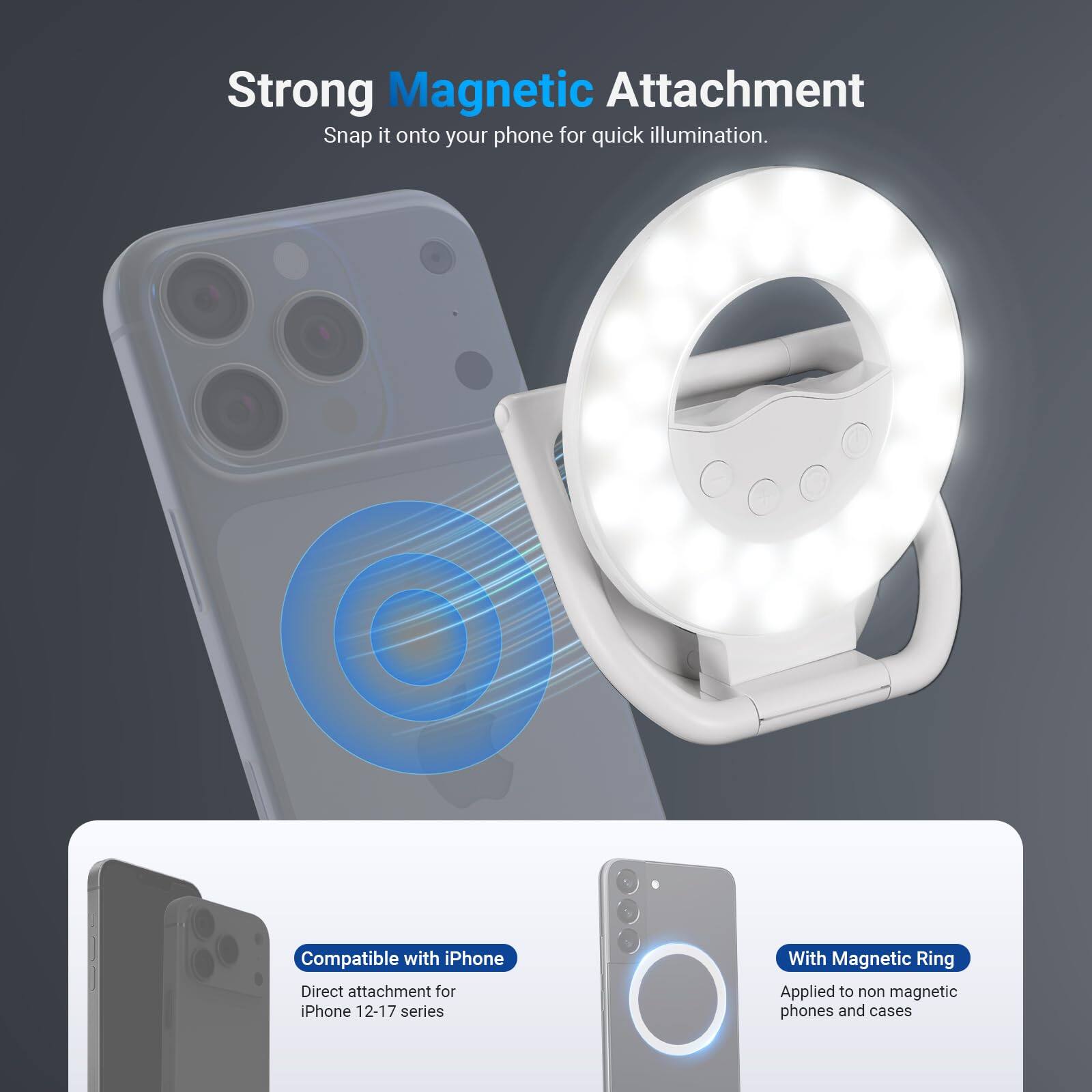 Strong Magnetic Attachment  
Snap it onto your phone for quick illumination.  

Compatible with iPhone  
Direct attachment for iPhone 12-17 series  

With Magnetic Ring  
Applied to non-magnetic phones and cases