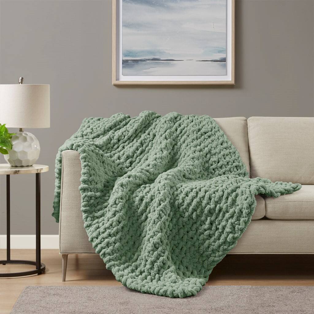 Alt View 1. Gracie Mills - Gracie Mills Dana Handmade Chenille Chunky Knit Throw Blanket - Sage Green.