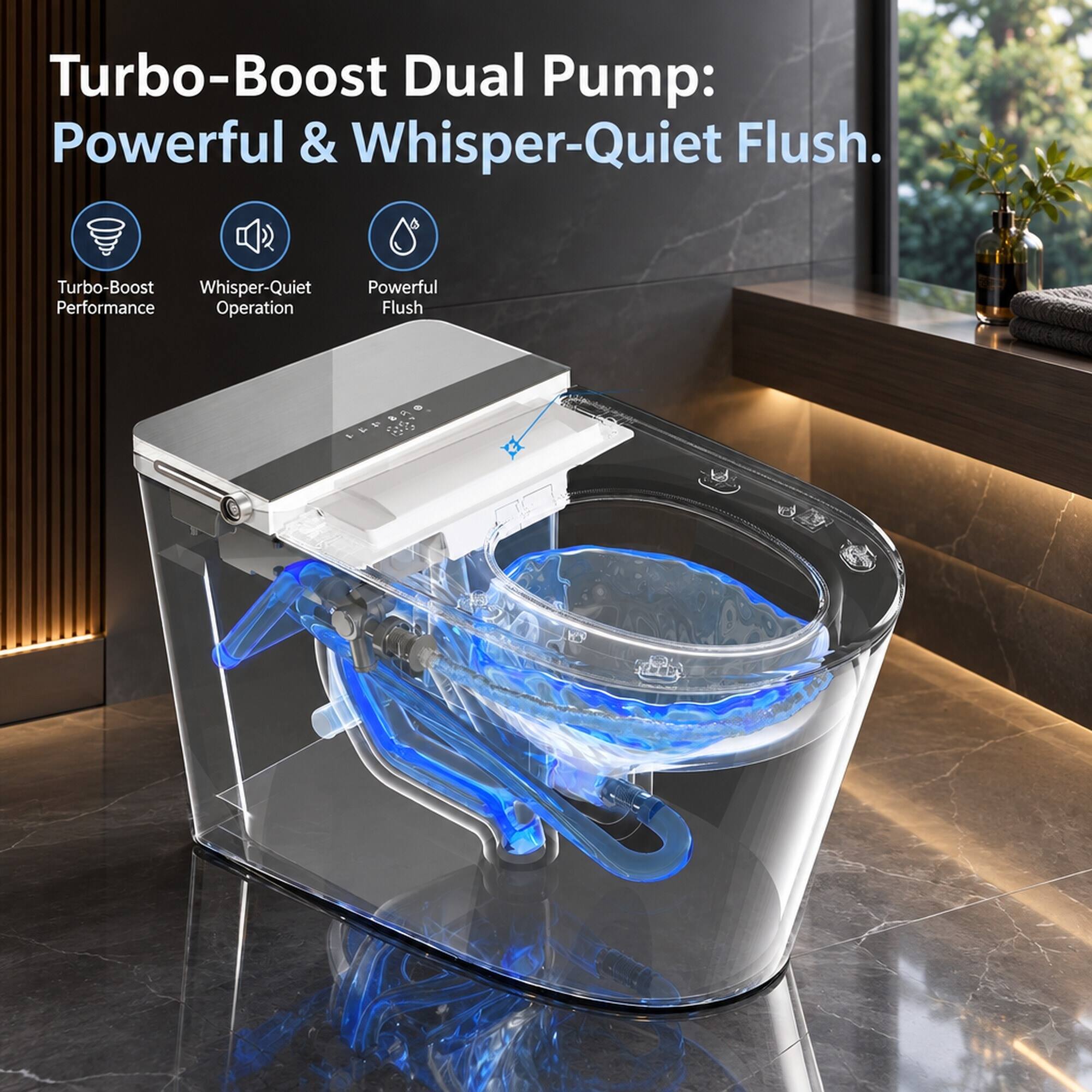 Turbo-Boost Dual Pump: Powerful & Whisper-Quiet Flush.

Turbo-Boost Whisper-Quiet Performance Operation
Powerful Flush