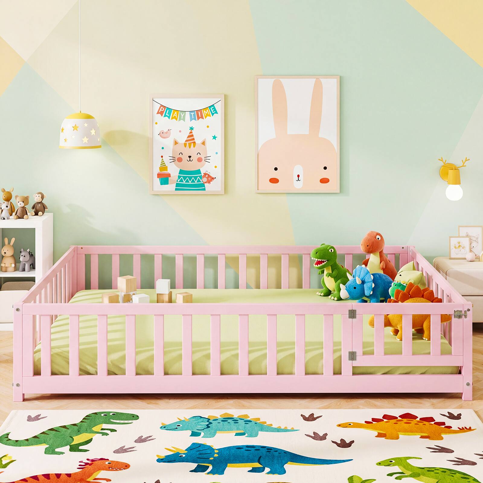 Alt View 3. Gymax - Gymax Full Size Floor Bed Montessori Bed Frame w/Full-length Guardrails & Safety Door - Pink.