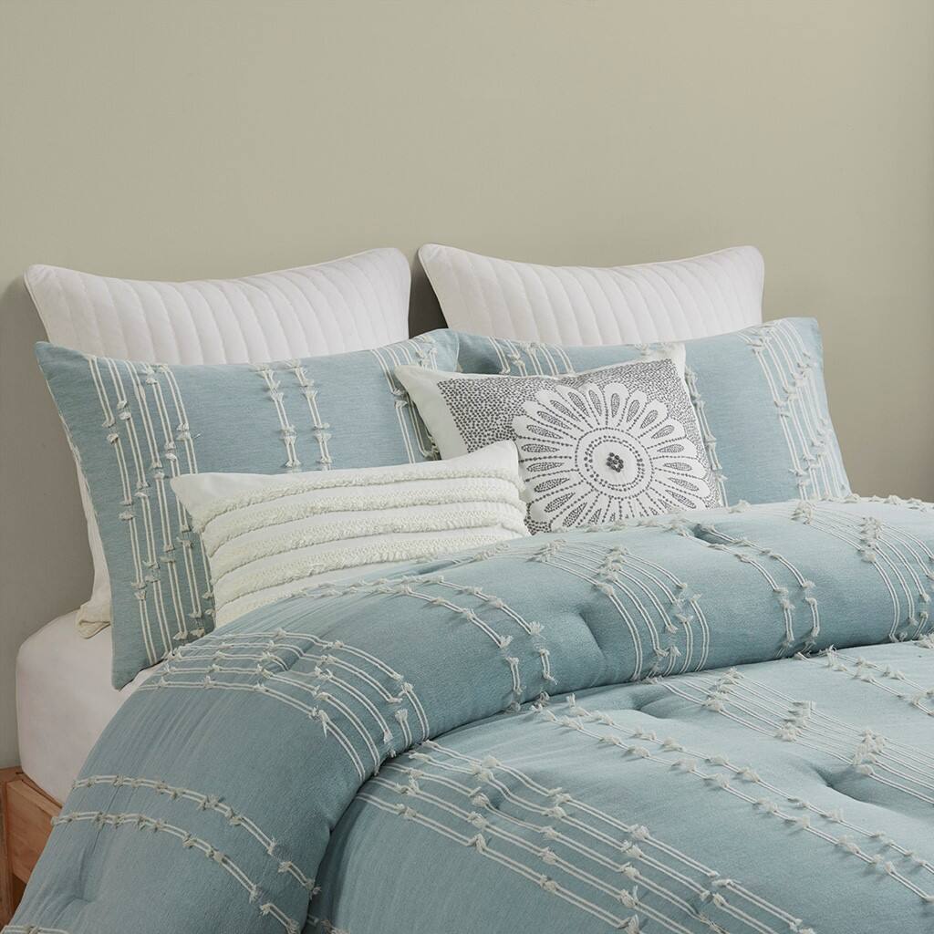 Alt View 1. Gracie Mills - Gracie Mills Trujillo 3-Piece Embroidered Stripes Cotton Jacquard Comforter Set - Aqua.