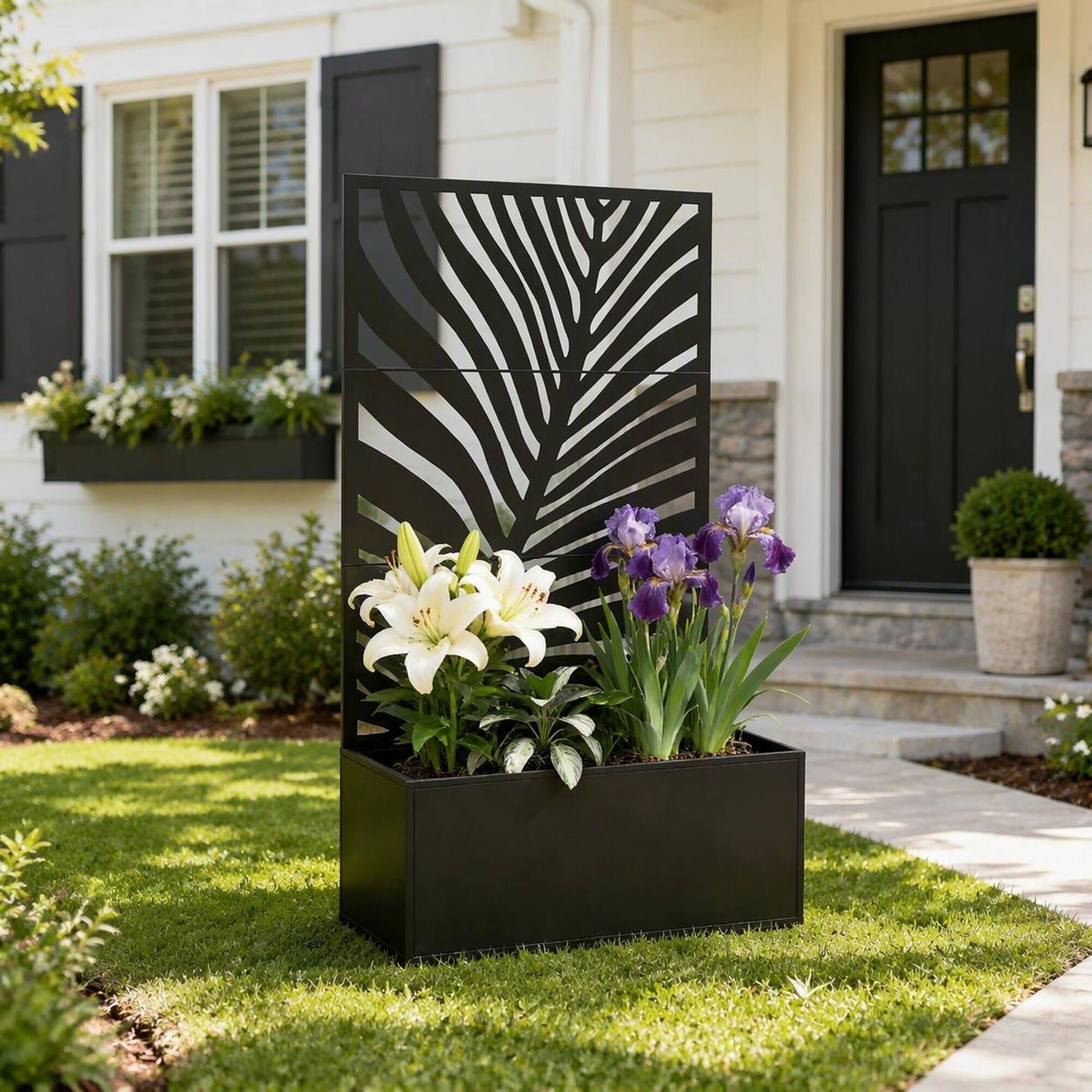 Alt View 1. RYHNUYNE - Outdoor Raised Garden Bed with Leaf Privacy Screen and Tall Trellis, 32-Gallon Metal Planter Box for Patio - Black.