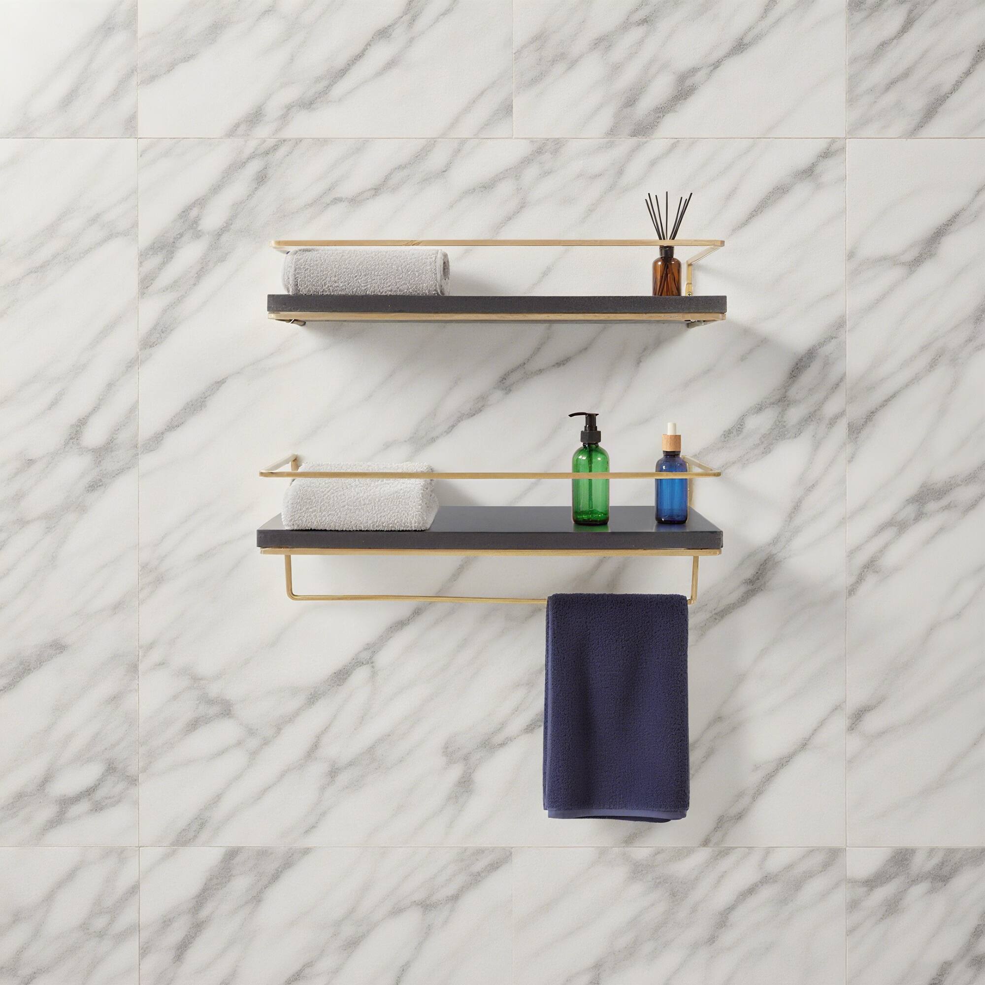 Back. Dazzed Corner - Floating Shelves - Set of 2, Wall Mounted Hanging Shelves with Golden Towel Rack. - Black.