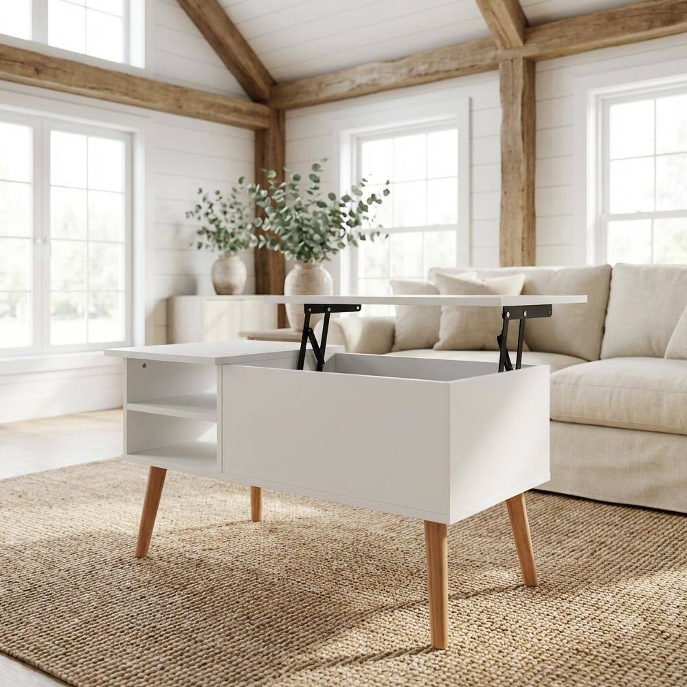 Angle. FurniFact - White Coffee Table with Hidden Compartment and Open Side Shelf Storage - Solid White.