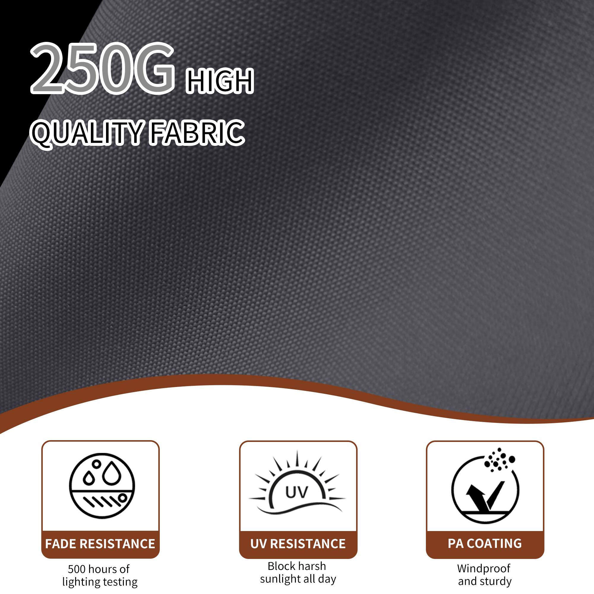 250G HIGH QUALITY FABRIC

- FADE RESISTANCE
  500 hours of lighting testing

- UV RESISTANCE
  Block harsh sunlight all day

- PA COATING
  Windproof and sturdy