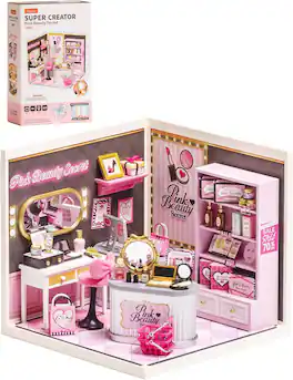Robotime - Rolife Super Creator Pink Beauty Secret DIY Miniature House Kit - No Glue Plastic Click-Assembly Dollhouse - Brown