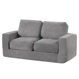 Costway - Floor Couch, Loveseat Foam Sofa with Removable Corduroy Cover, Back & Seat Cushions - Gray