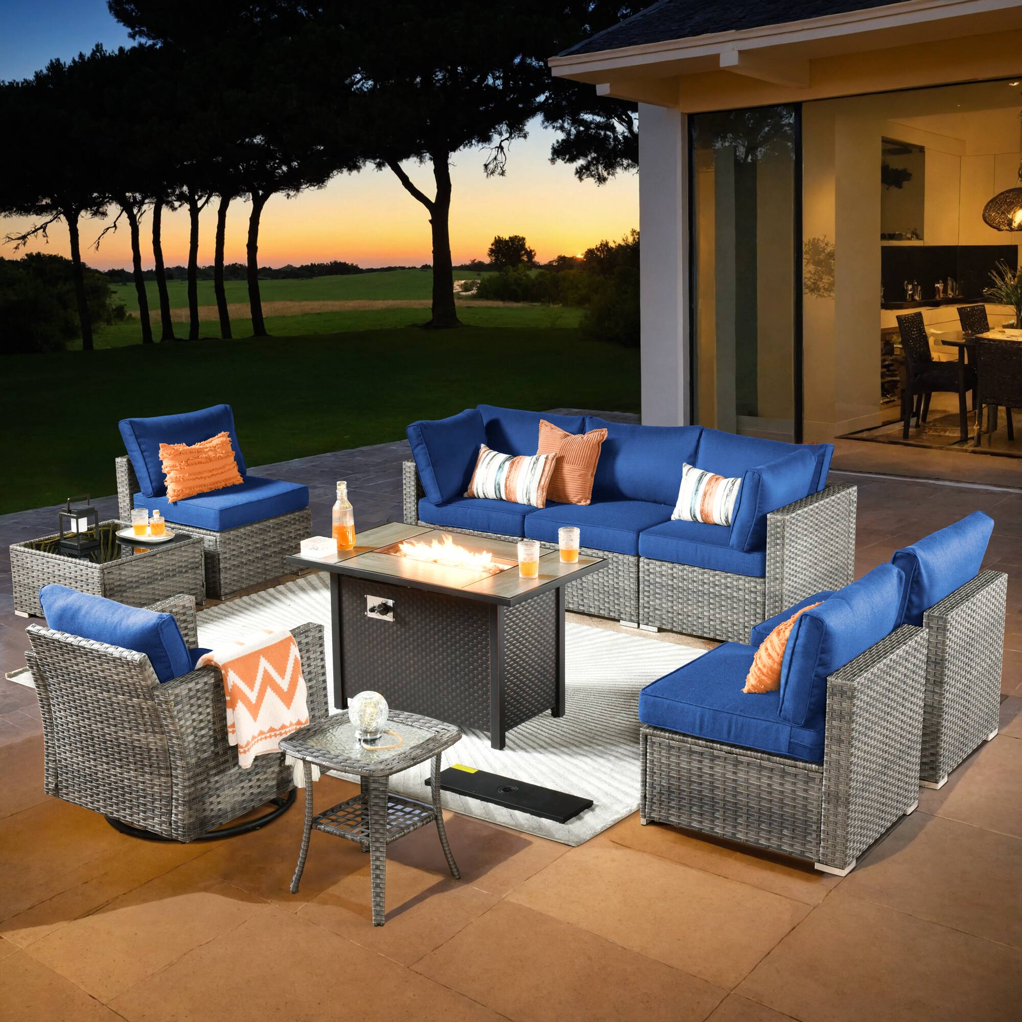 "Ovios - 10 PCS Patio Furniture Set, Sectional Sofa with Swivel Chair, Coffee Table & 42"" Fire Pit Table - Navy Blue" price history on PriceWatchPro