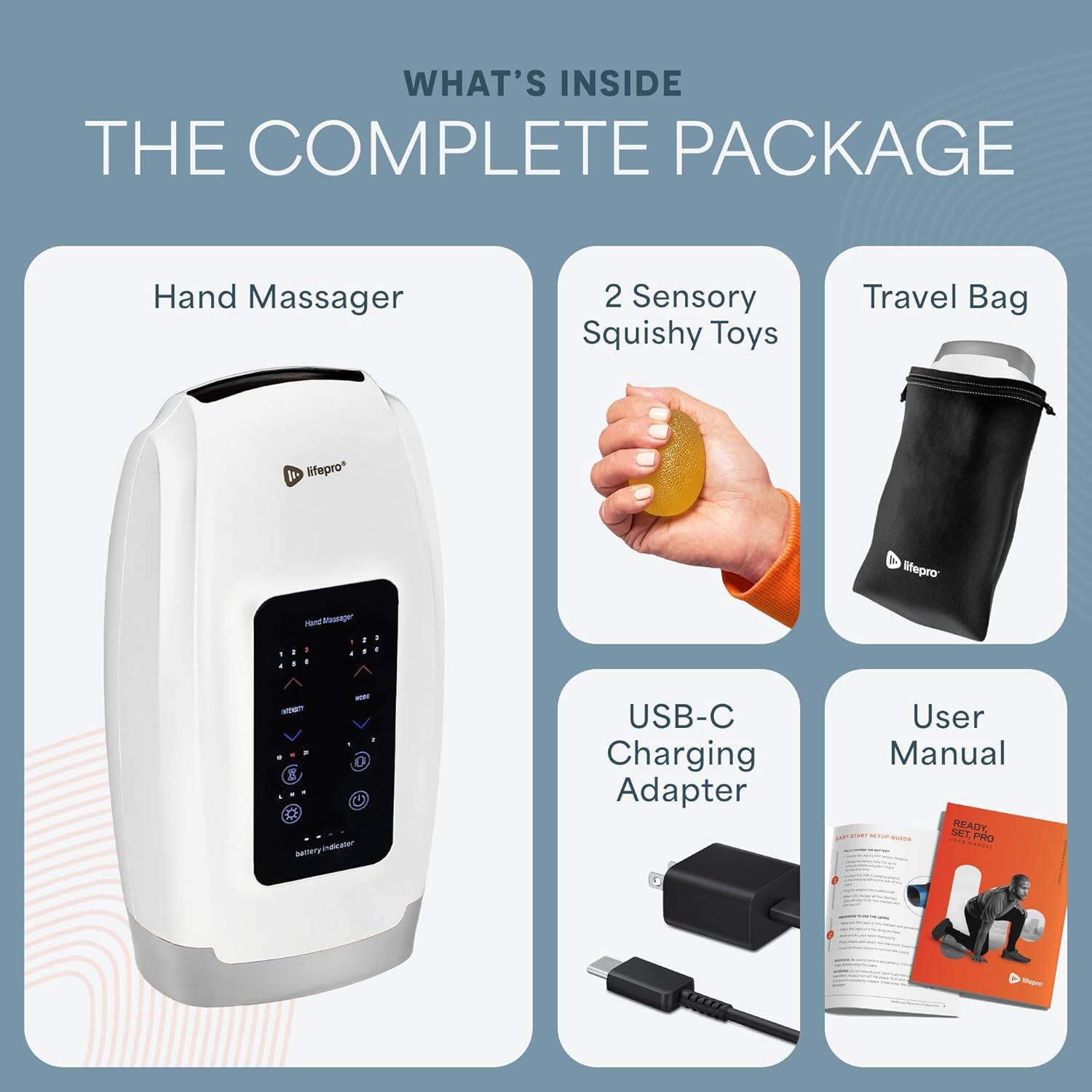 WHAT'S INSIDE THE COMPLETE PACKAGE

- Hand Massager
- 2 Sensory Squishy Toys
- Travel Bag
- USB-C Charging Adapter
- User Manual