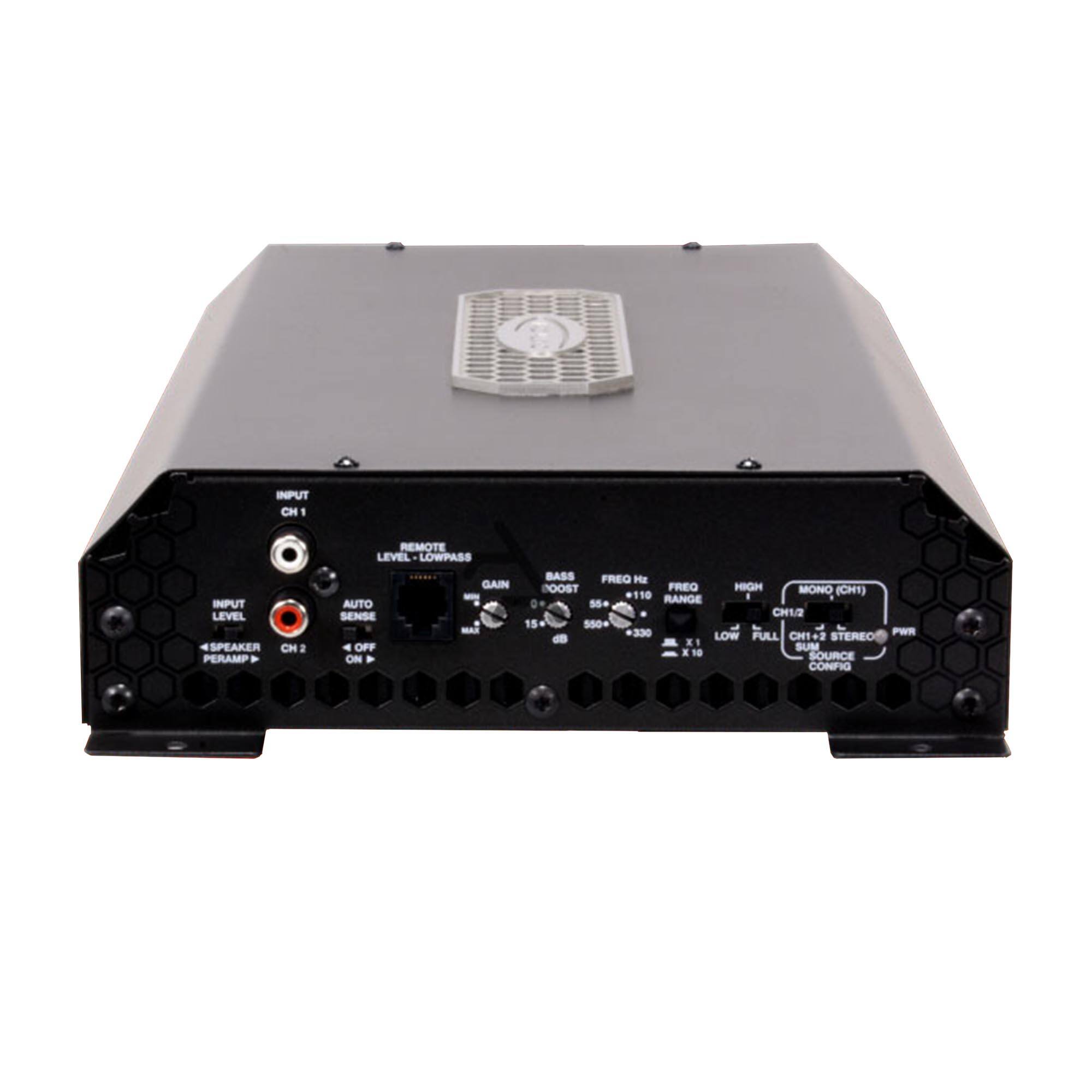 INPUT CN 1  
INPUT LEVEL  
4 SPEAKER CN 2  
PERAMP REMOTE  
LEVEL LOWPASS GAIN  
AUTO SENSE  
- A OFF ON  
- BASS FREO BOOST  
FREQ HIGH MONO (CH1)  
110 RANGE - 0 50+  
CH12 15 50+  
& r 330  
LOW CH1 PWR - FULL STEREO  
XI SUM E  
SOURCE CONFIG