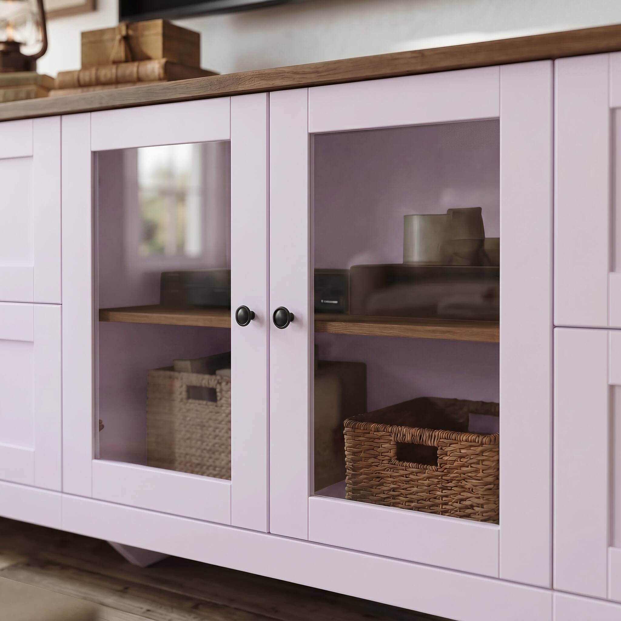 Alt View 5. Famapy - 90.6" Farmhouse TV Stand for 85 Inch TV, Glass Doors, Adjustable Shelves, 10-Compartment Storage - Pink & Wooden.
