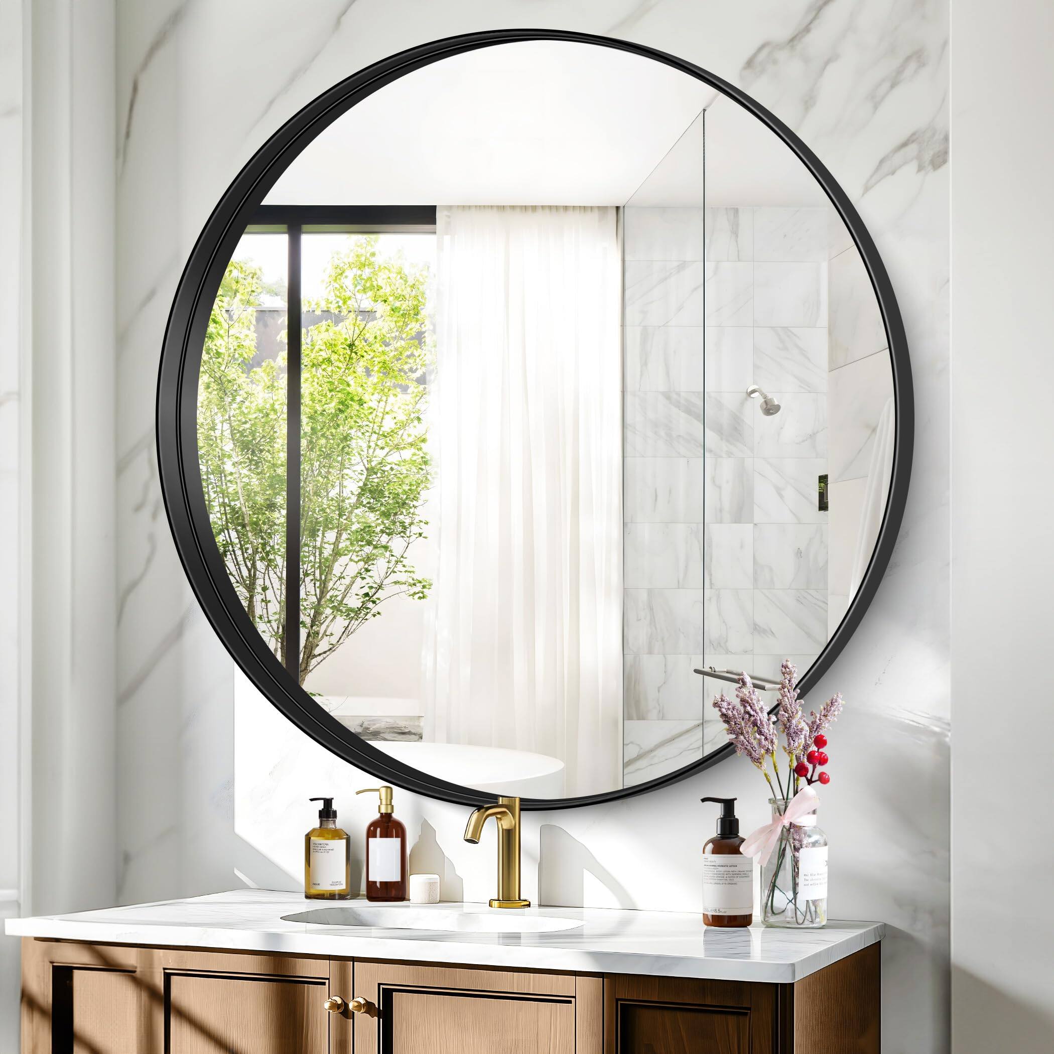 Alt View 2. VEGA AUTOMOTIVE - Round Mirror Deep Frame Circle Metal Bathroom Mirrors For Wall Entryway Washroom Bedroom Living Room Hallway - Black Deep Frame 42"L x 42"W.