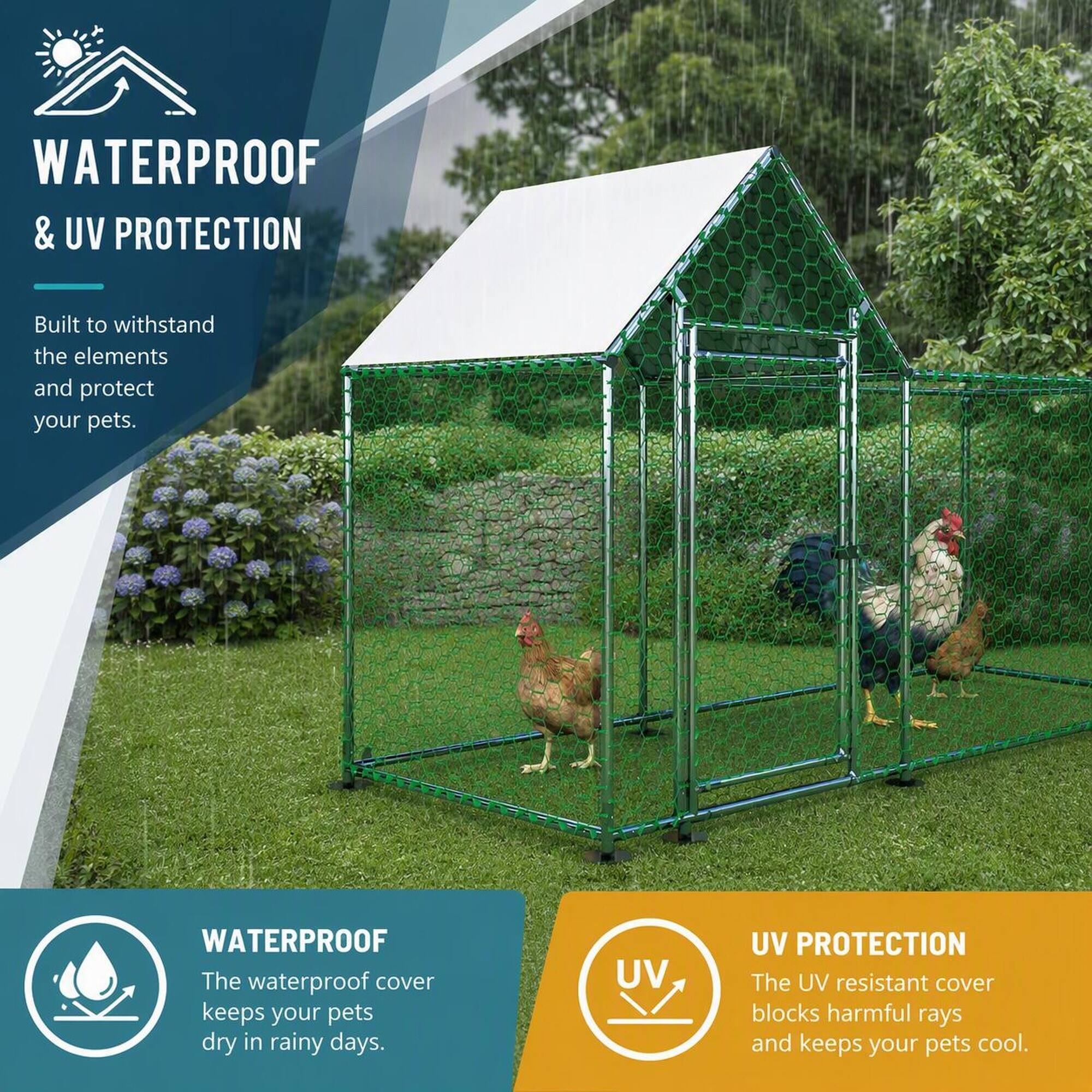 WATERPROOF & UV PROTECTION

Built to withstand the elements and protect your pets.

WATERPROOF
The waterproof cover keeps your pets dry in rainy days.

UV PROTECTION
The UV resistant cover blocks harmful rays and keeps your pets cool.