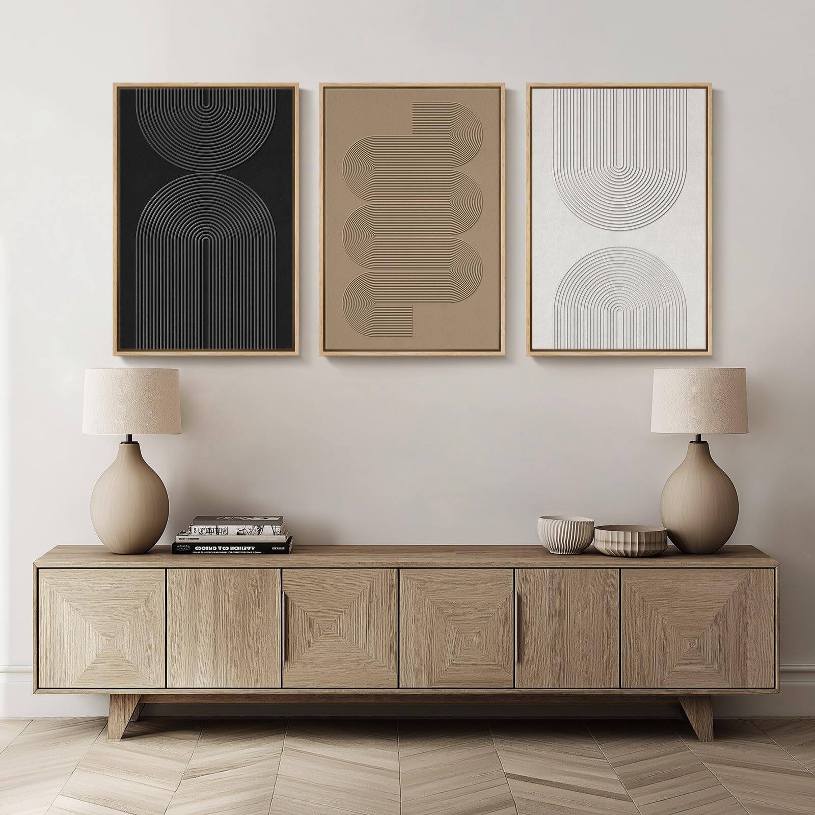 Alt View 3. Hirose Alice - Large Framed Black and White Neutral Abstract Wall Art Minimalist Canvas Prints Paintings Artwork for Walls - Geometric - D 20" W x 30" H x 3Pcs.