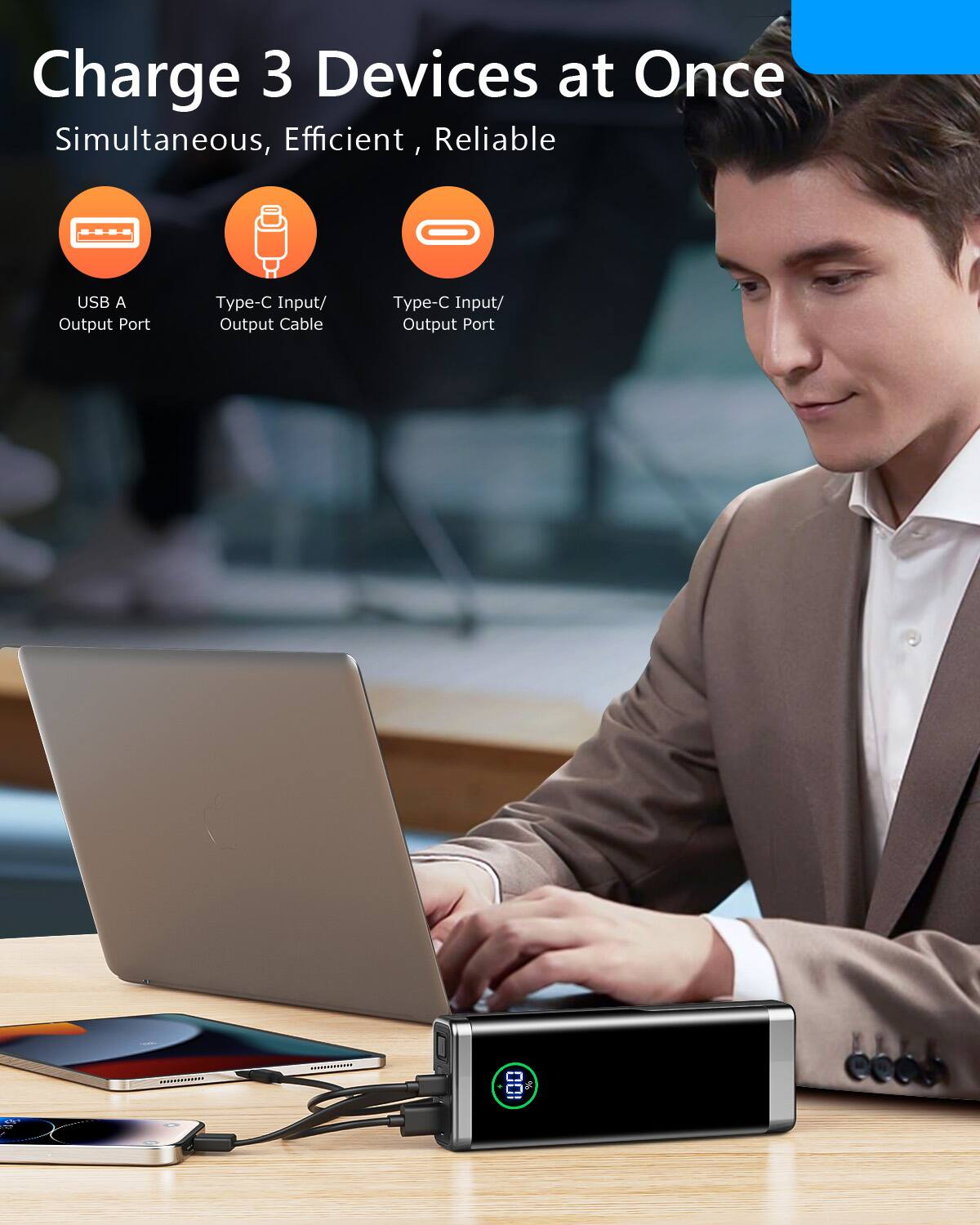 Charge 3 Devices at Once  
Simultaneous, Efficient, Reliable  

USB A Output Port  
Type-C Input/Output Cable  
Type-C Input/Output Port