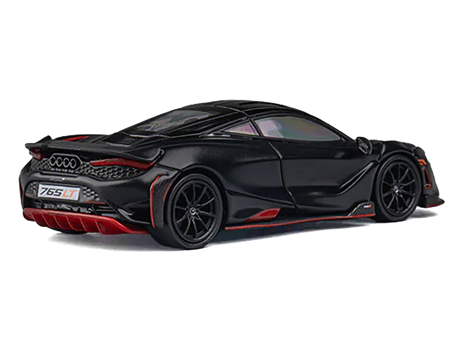 Left. CM Models - McLaren 765LT Matt Black with Red Accents and Extra Wheels 1/64 Diecast Model Car by CM Model - Matt Black and Red.