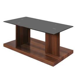 Manhattan Lane - Liam 47 Inch Rectangular Coffee Table, Brown Wood, Pedestal Base, Glass Top - Brown, Black