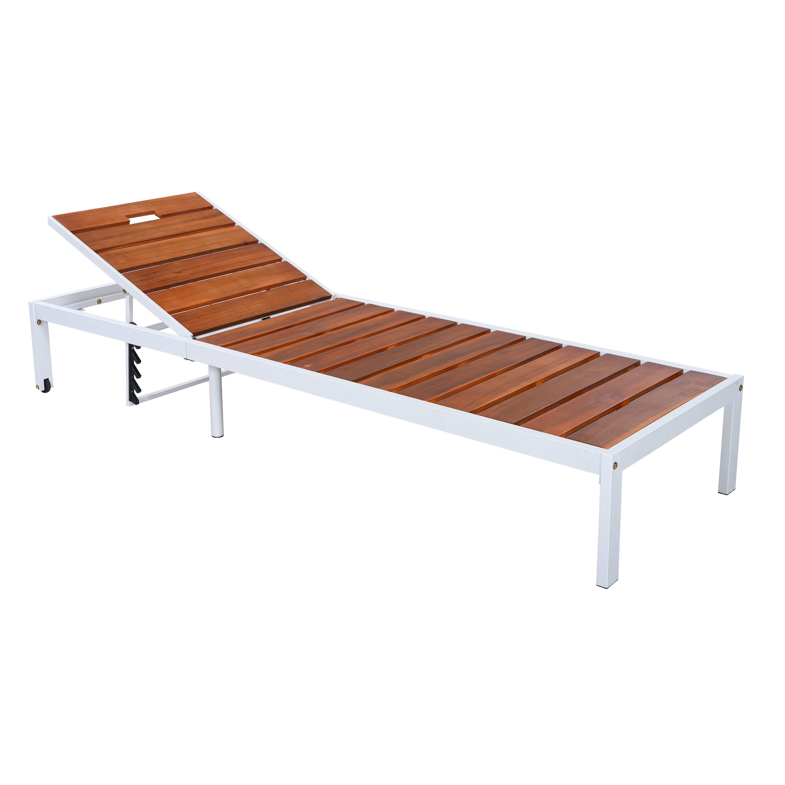 Back. Whisen - Outdoor Chaise Lounge Chair with 6-Position Adjustable Backrest, Durable Acacia Wood and Steel Patio Recliner - White|Brown.
