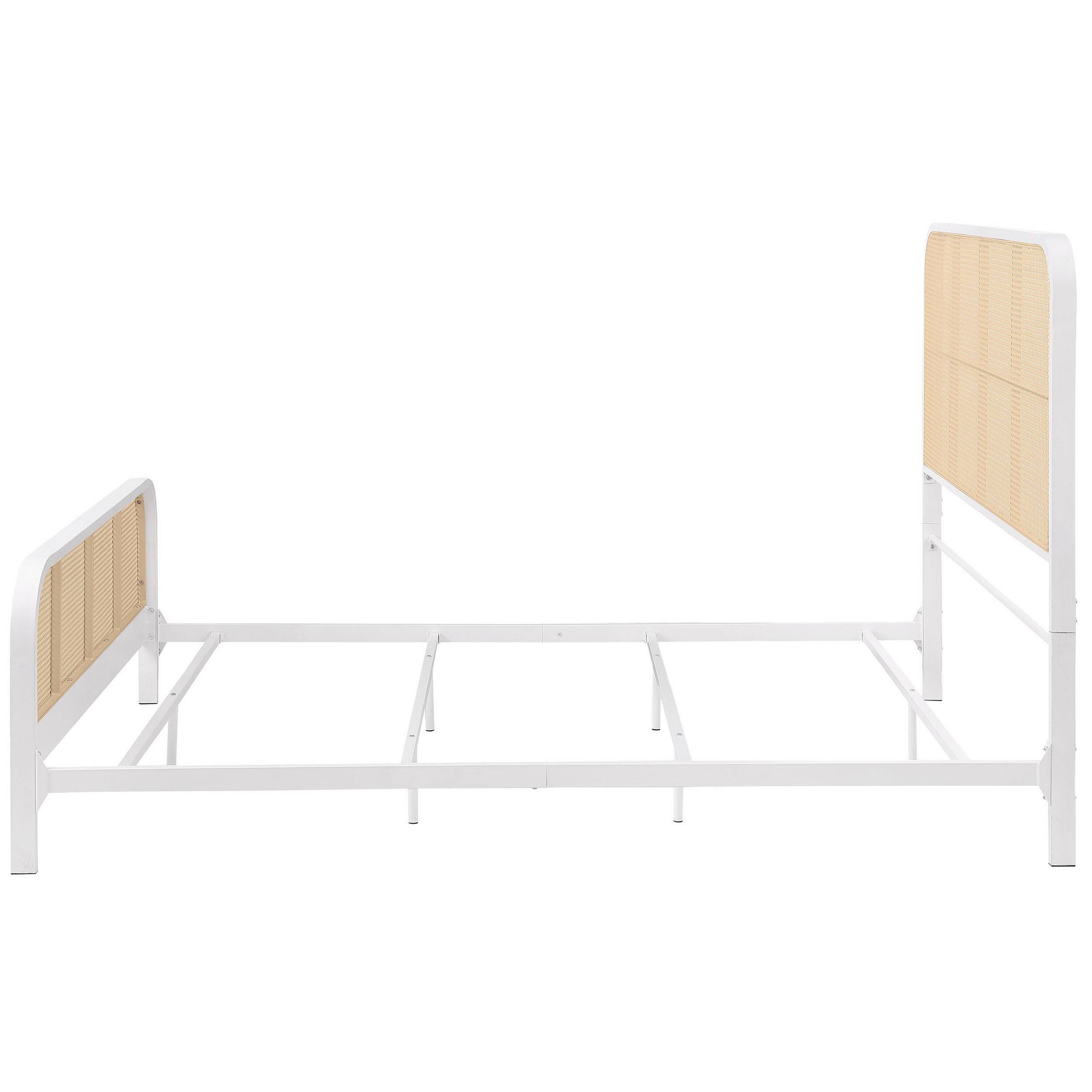 Alt View 3. Manhattan Lane - Lanie Queen Bed with Brown Open Cane Webbing Faux Rattan, White Metal - White, Brown.