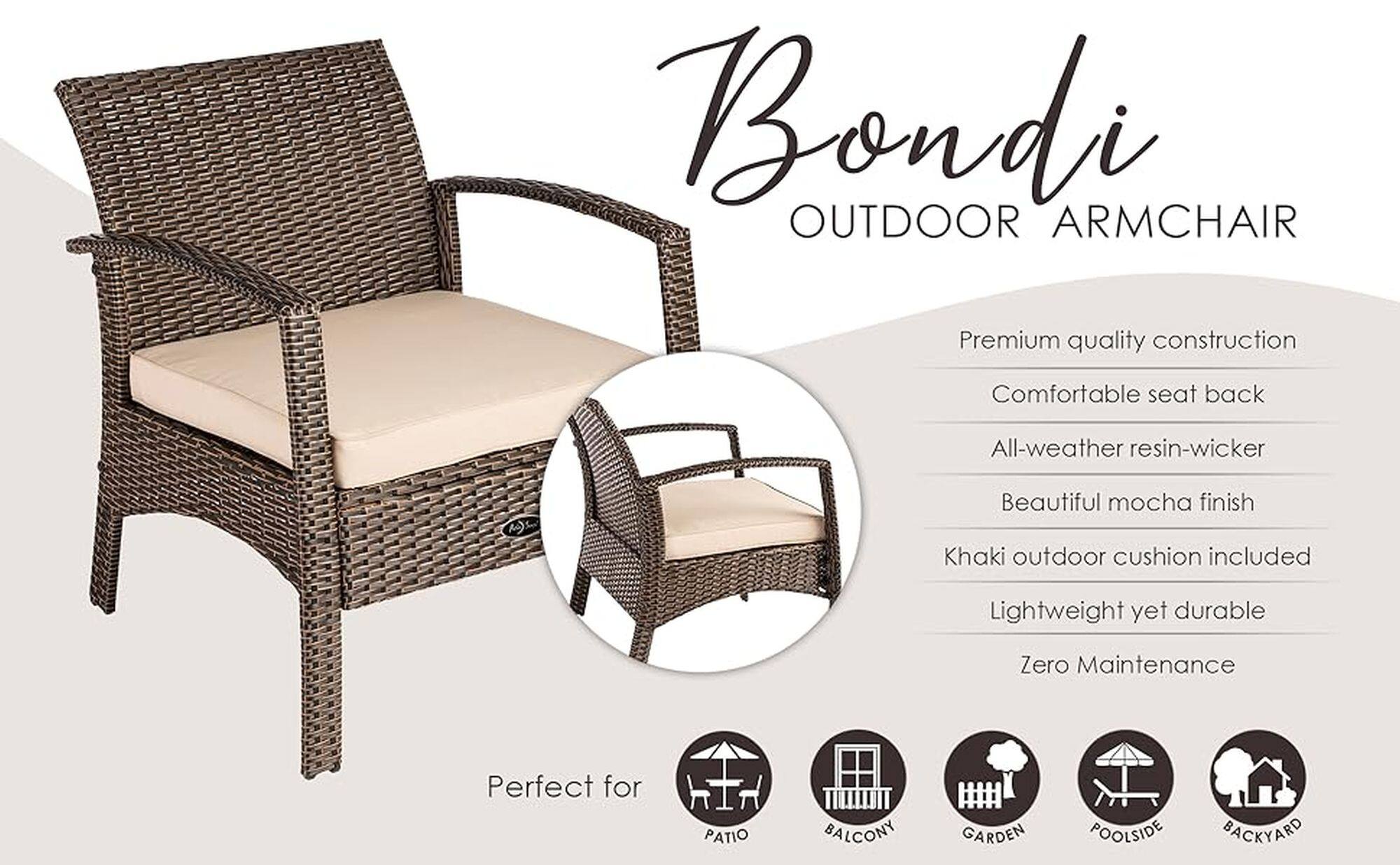 Bondi Outdoor Armchair: Premium quality construction, comfortable seat back, all-weather resin-wicker, beautiful mocha finish, Khaki outdoor cushion included, lightweight yet durable, zero maintenance, perfect for patio, balcony, garden, poolside, backyard.
