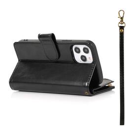 Kitcheniva - PU Leather Phone Wallet Zipper With Tempered Glass For iPhone 12/12 Pro - Black