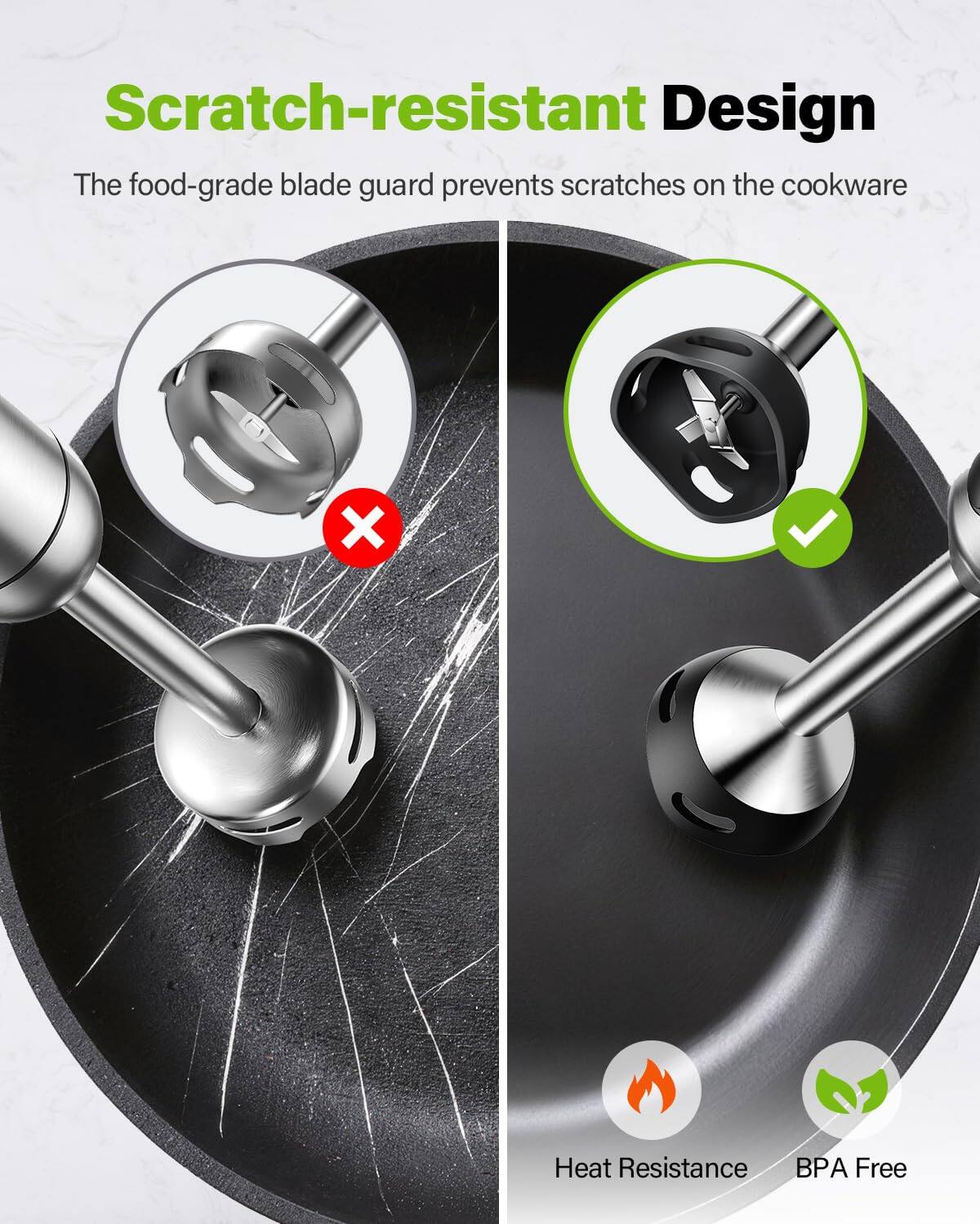 Scratch-resistant Design  
The food-grade blade guard prevents scratches on the cookware

Heat Resistance  
BPA Free