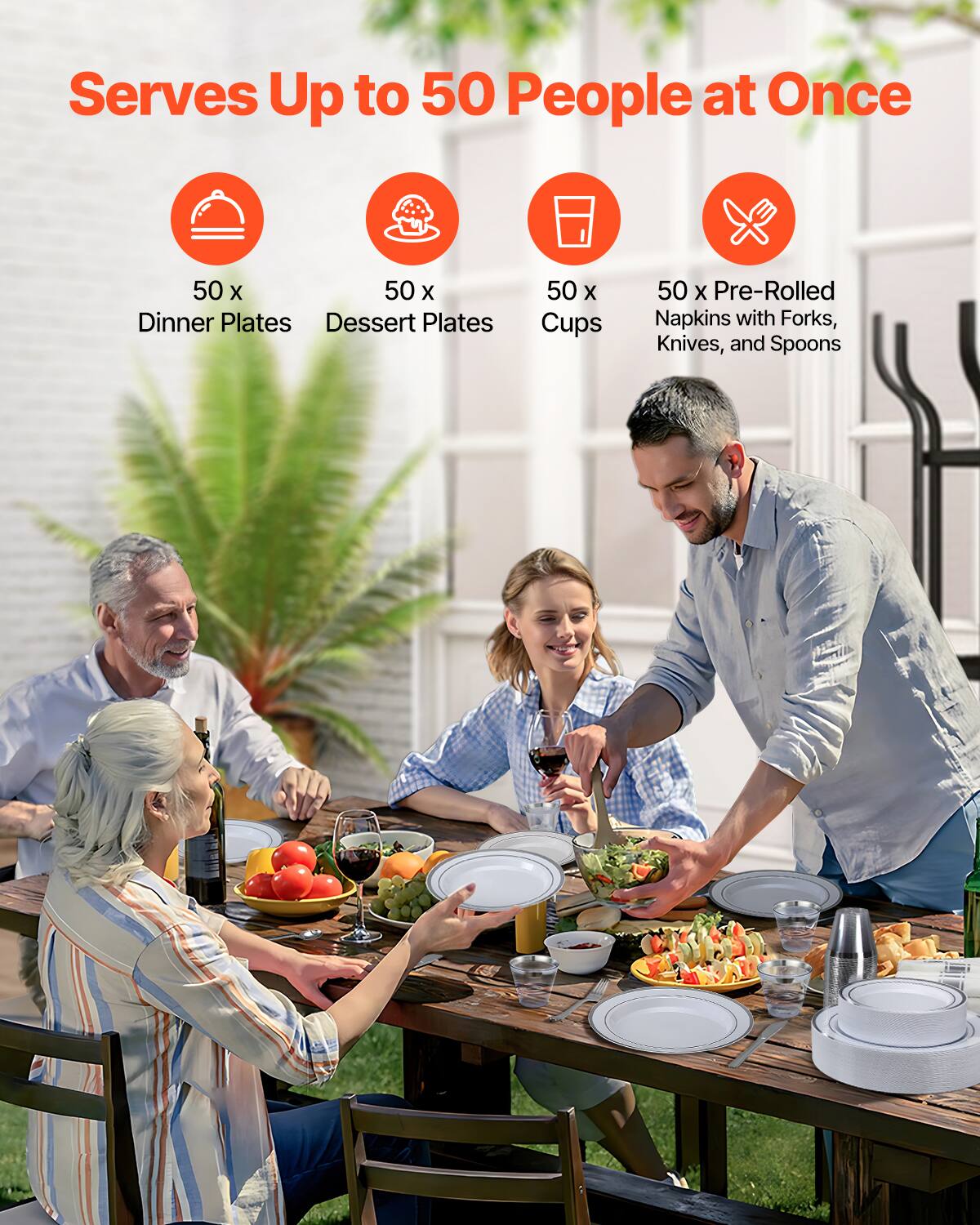 Serves Up to 50 People at Once

- 50 x Dinner Plates
- 50 x Dessert Plates
- 50 x Cups
- 50 x Pre-Rolled Napkins with Forks, Knives, and Spoons