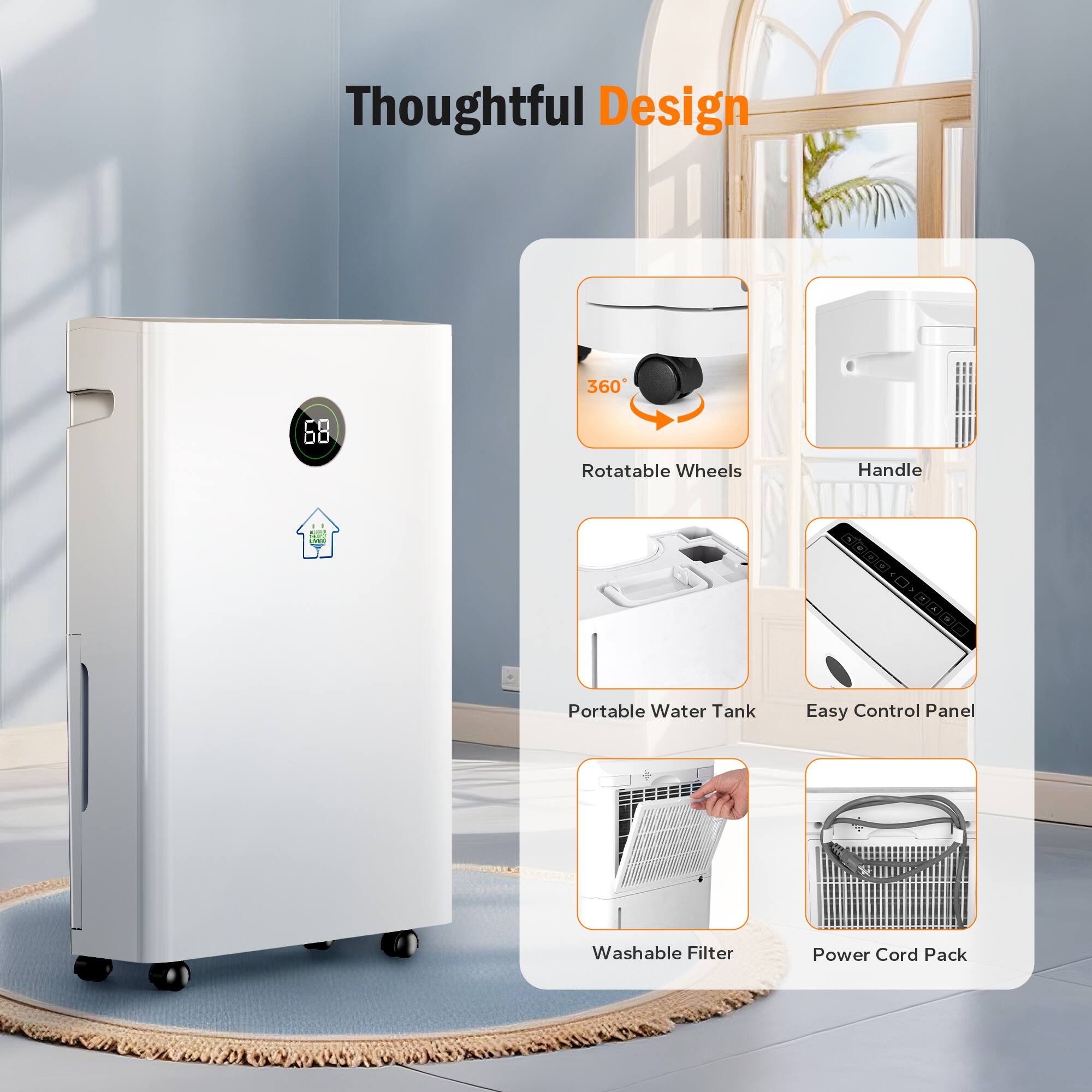 Thoughtful Design

- 360° Rotatable Wheels
- Handle
- Portable Water Tank
- Easy Control Panel
- Washable Filter
- Power Cord Pack