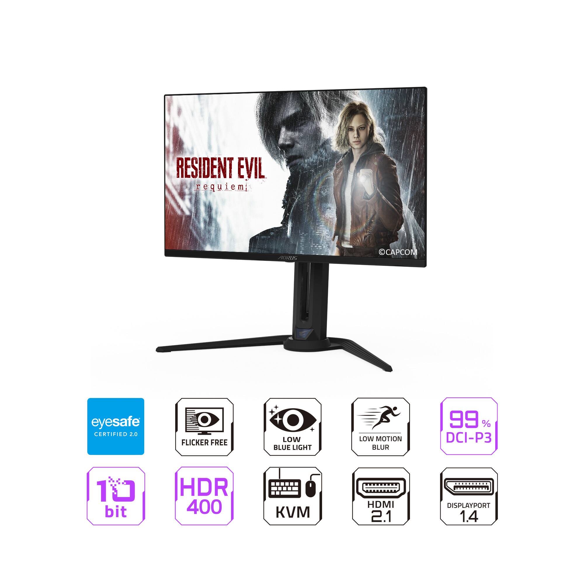 RESIDENT EVIL requiem  
CAPCOM  
eyesafe CERTIFIED  
FLICKER FREE  
LOW BLUE LIGHT  
LOW MOTION BLUR  
99% DCI-P3  
10 bit HDR 400  
KVM  
HDMI 2.1  
DISPLAYPORT 1.4