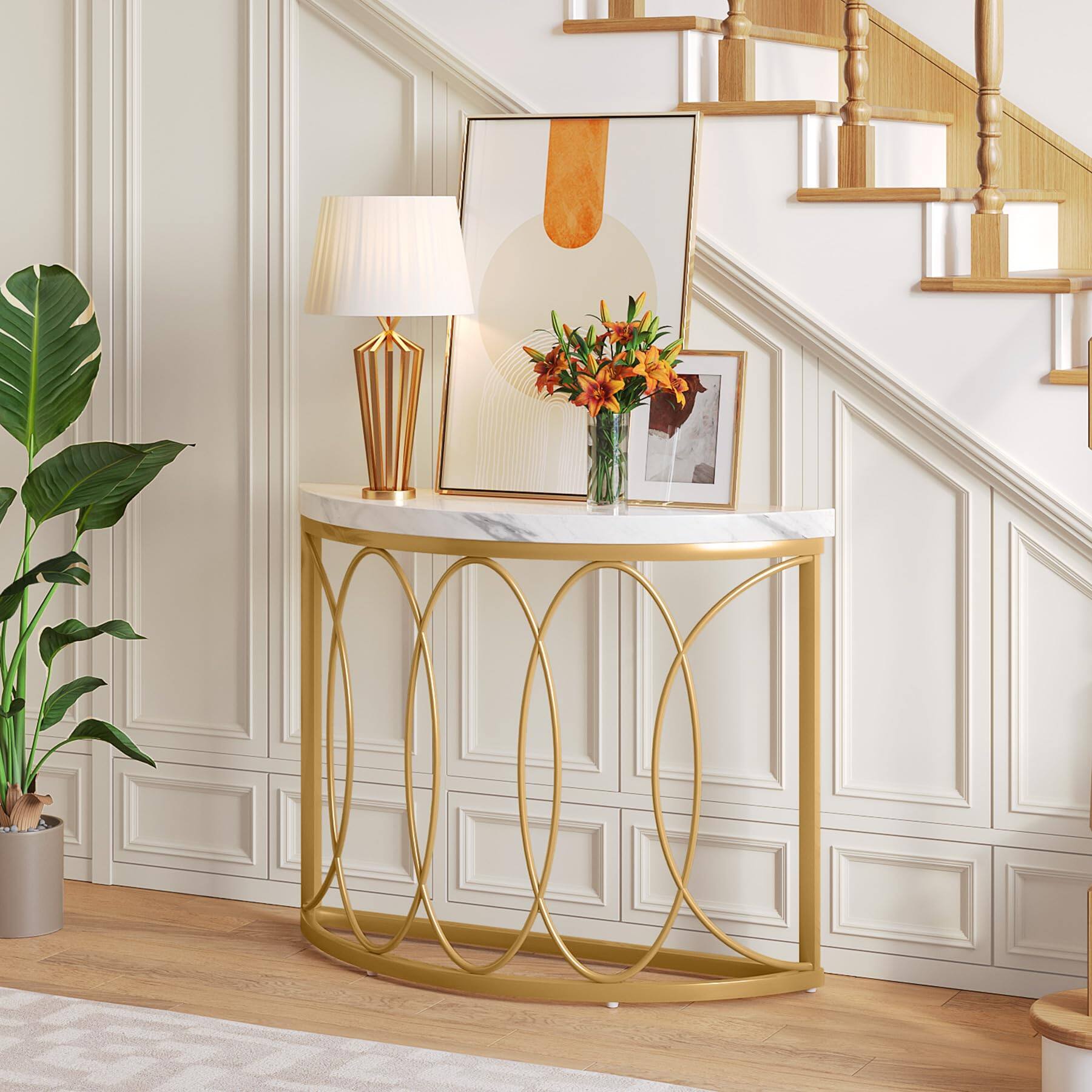 Left. Tribesigns - Half Moon Gold Console Table, 43 Inch Modern Faux Marble Entryway Table, Narrow Semi Circle Sofa Accent Table with Geome - Faux Marble White & Gold.