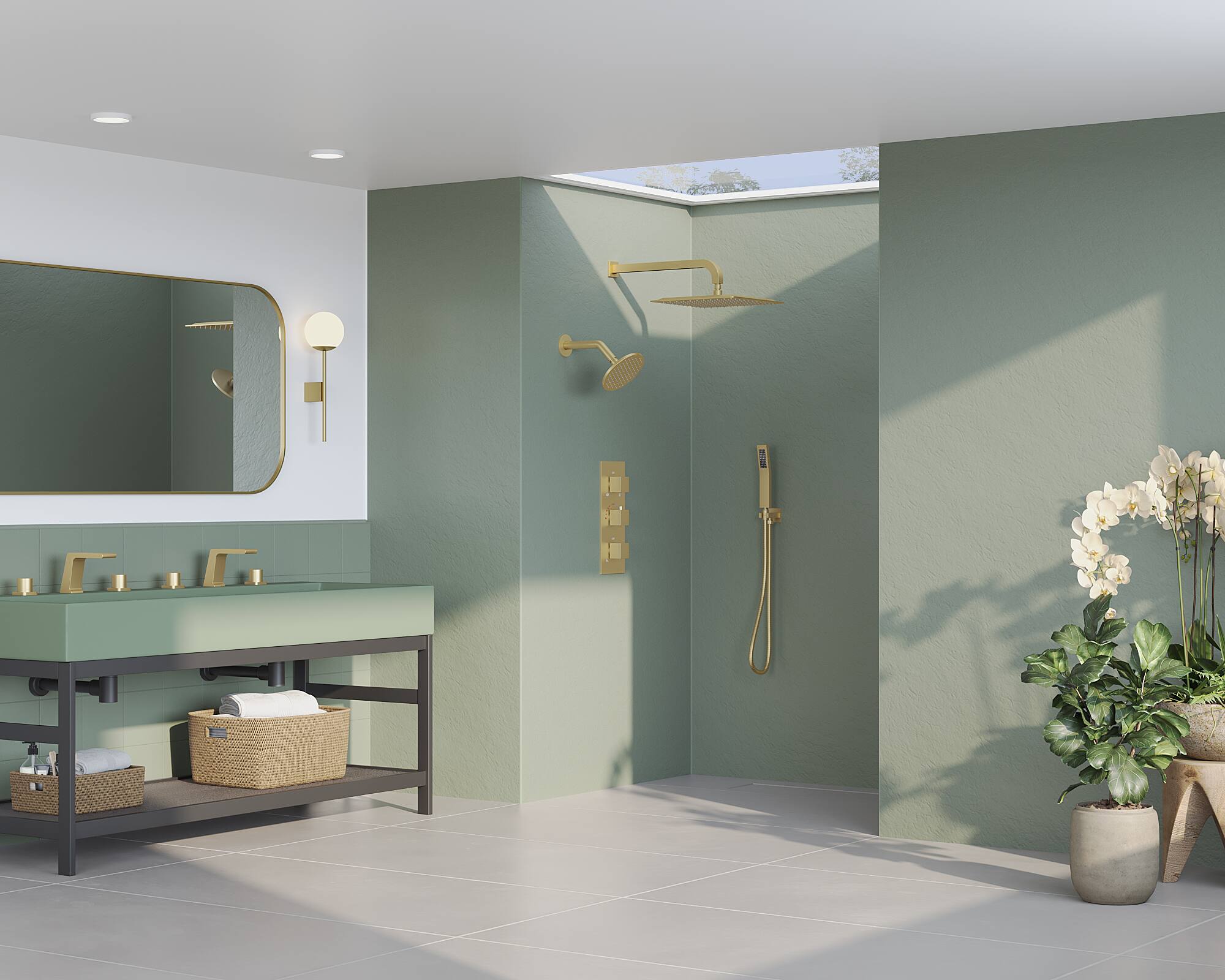 Left. GRANDJOY - Thermostatic Dual Shower Faucet Kit with 10" Overhead Rain Shower and 59" Stainless Hose Handheld Shower Head - Chrome.