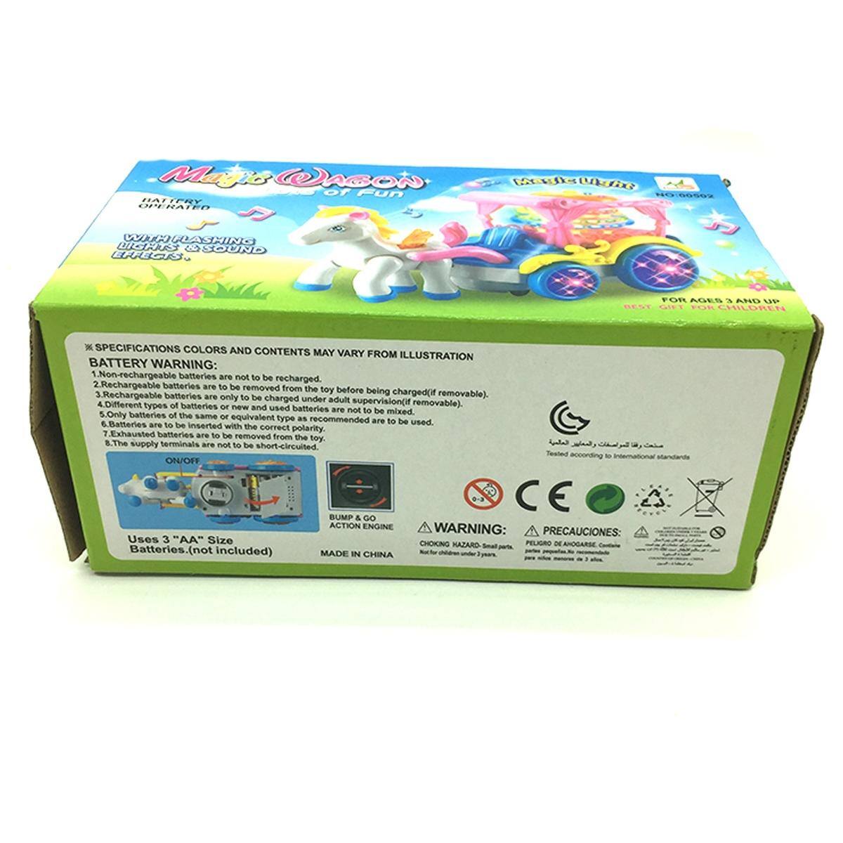 **Majestic Unicorn of Fun**

**UNICORN HAND PUPPET**

**WITH FLASHING LIGHTS & SOUND EFFECTS**

**FOR AGES 3 AND UP**

**BEST GIFT FOR CHILDREN**

**SPECIFICATIONS COLORS AND CONTENTS MAY VARY FROM ILLUSTRATION**

**BATTERY WARNING:**

1. Non-rechargeable batteries are not to be recharged.
2. Rechargeable batteries are to be removed from the toy before being charged (if removable).
3. Rechargeable batteries are to be charged only under adult supervision (if removable).
4. Different types of batteries are not to be mixed.
5. Only batteries of the same or equivalent type as recommended are to be used.
6. Batteries are to be inserted with the correct polarity.
7. Exhausted batteries are to be removed from the toy.
8. The supply terminals are not to be short-circuited.

**Uses 3 "AA" Size Batteries (not included)**

**BUMP & GO ACTION ENGINE**

**MADE IN CHINA**

**WARNING: CHOKING HAZARD - Small parts. Not for children under 3 years.**

**PRECAUCIONES: PELEIGRO DE AHOGARSE