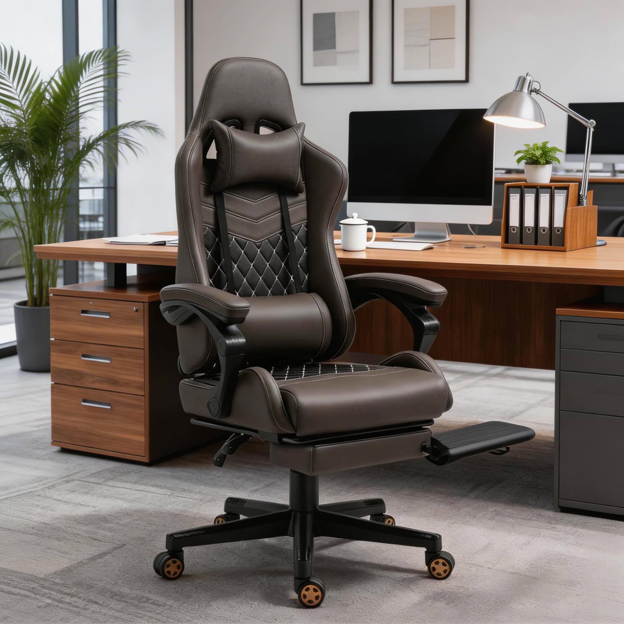 Alt View 7. Forest'nSky - Brown Office Gamer Chair High Back Swivel Recliner with Footrest,Lumbar Support,Adjustable Height - Brown.