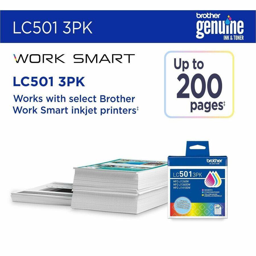 LC501 3PK  
Brother Genuine Ink & Toner  
Work Smart  
LC501 3PK  
Works with select Brother Work Smart inkjet printers  
Up to 200 pages*  
Brother - yourside  
LC501 3PK  
MFC-J1260W  
MFC-J1360W  
MFC-J1410DW  
MAGENTA  
YELLOW  
CYAN  
LC501 3PK