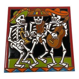 Earthtones Tile - Earthtones Day of the Dead Skeleton Mariachi Band 6X6 Hand Glazed Southwest Decorative Tile or Trivet - Multicolor