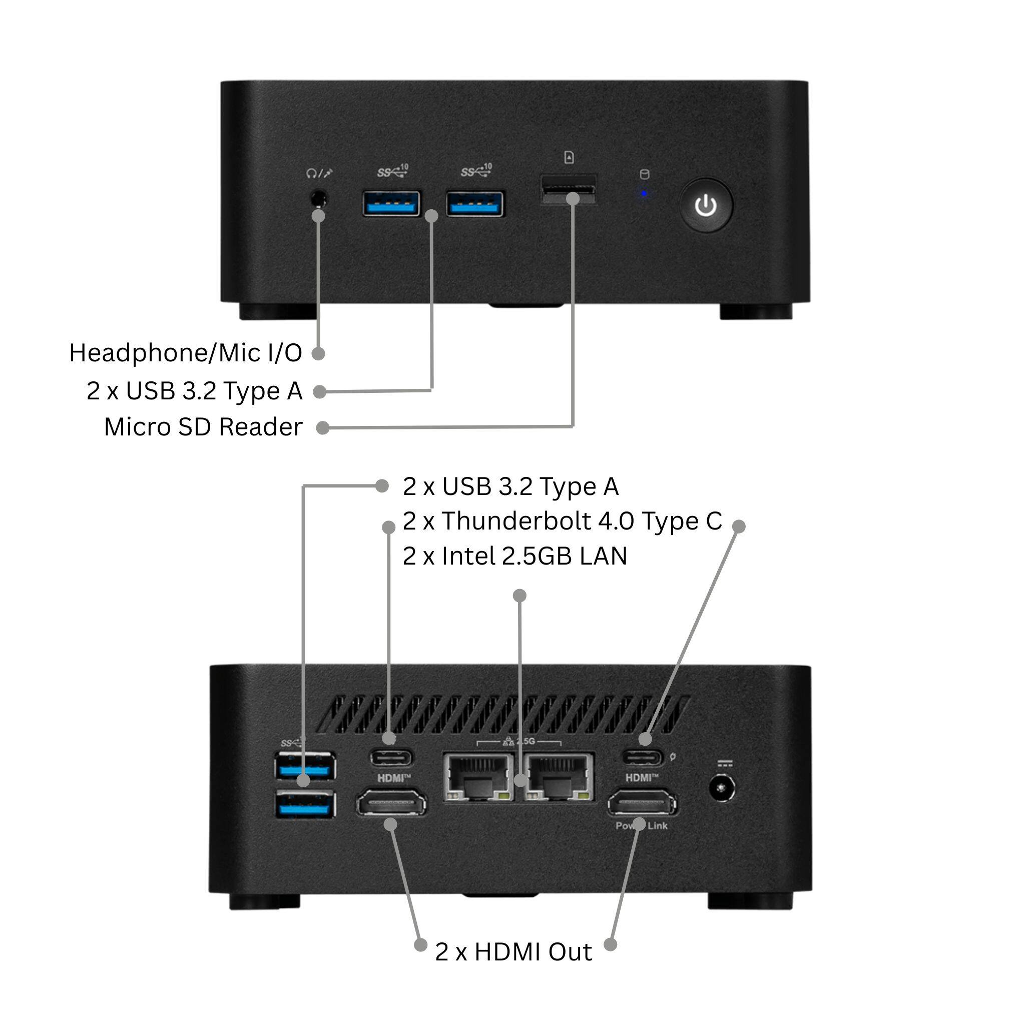 The text on the image reads:

Headphone/Mic I/O
2 x USB 3.2 Type A
Micro SD Reader
2 x USB 3.2 Type A
2 x Thunderbolt 4.0 Type
2 x Intel 2.5GB LAN
2 x HDMI Out

This information is describing the features of a computer or device, including ports and connectivity options.