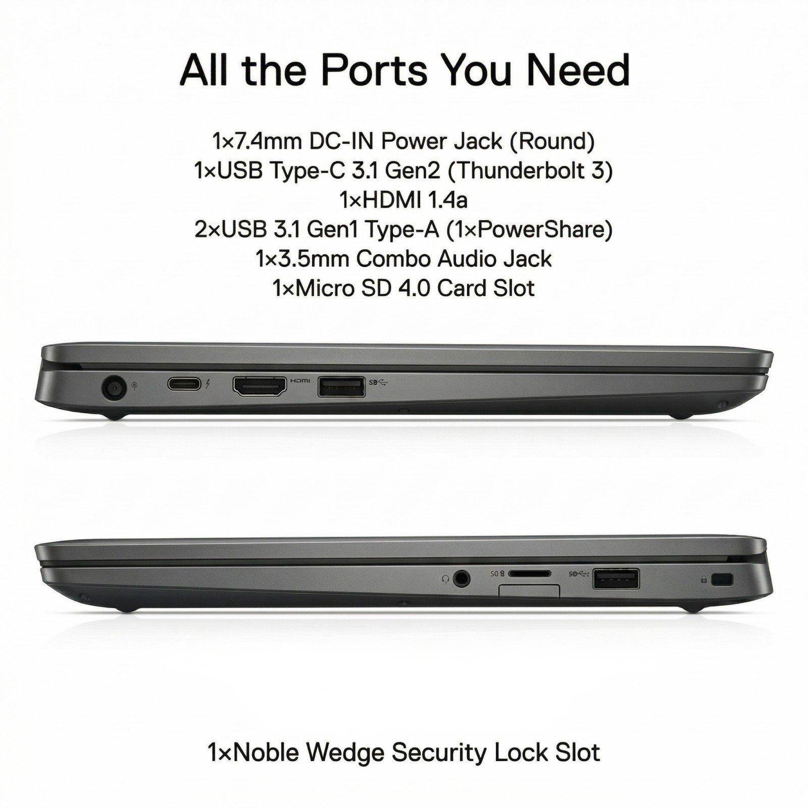 All the Ports You Need

1x7.4mm DC-IN Power Jack (Round)  
1xUSB Type-C 3.1 Gen2 (Thunderbolt 3)  
1xHDMI 1.4a  
2xUSB 3.1 Gen1 Type-A (1xPowerShare)  
1x3.5mm Combo Audio Jack  
1xMicro SD 4.0 Card Slot  
1xNoble Wedge Security Lock Slot