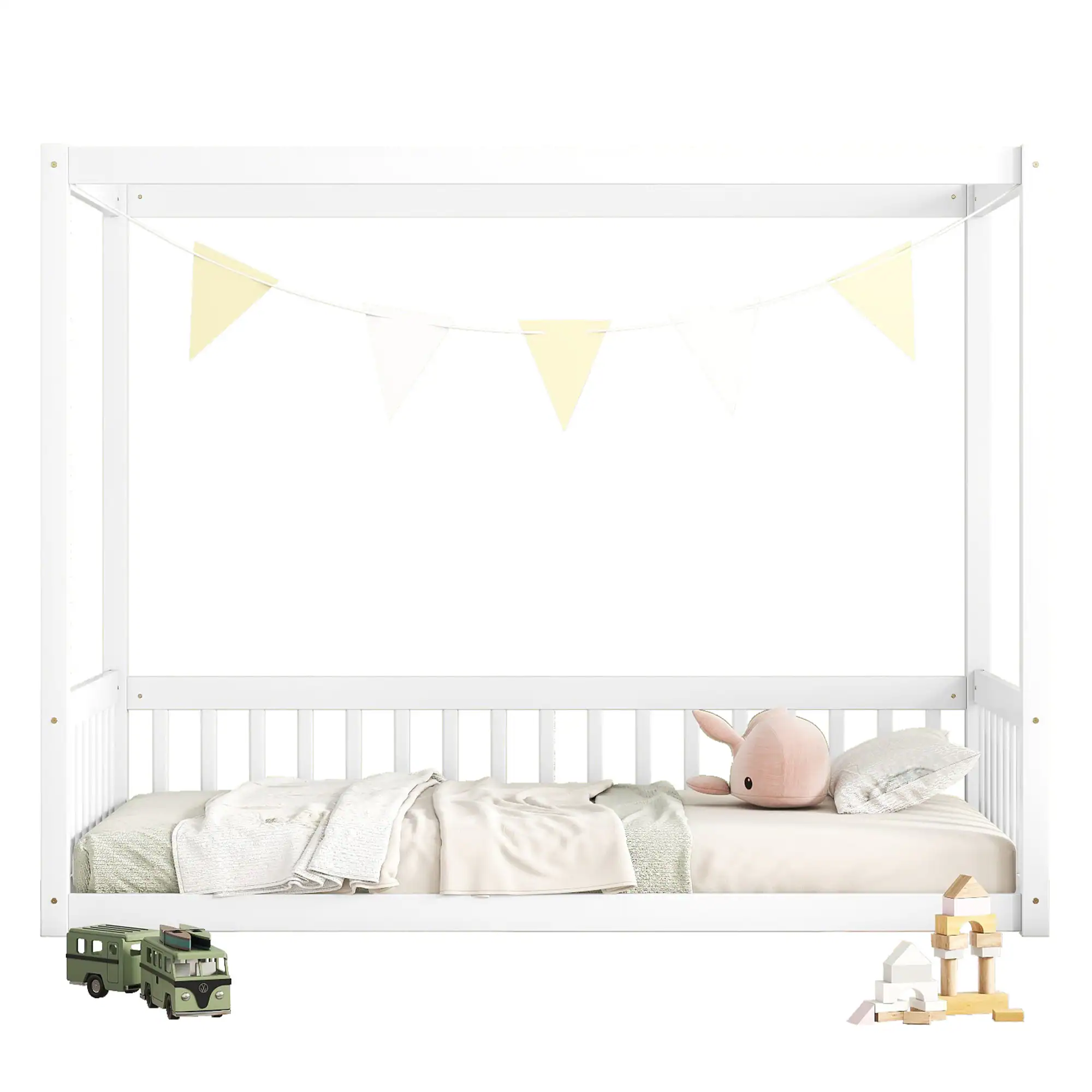 Alt View 9. Tiramisubest - Twin Size Canopy Frame Floor Bed with Fence, Guardrails,White - White.