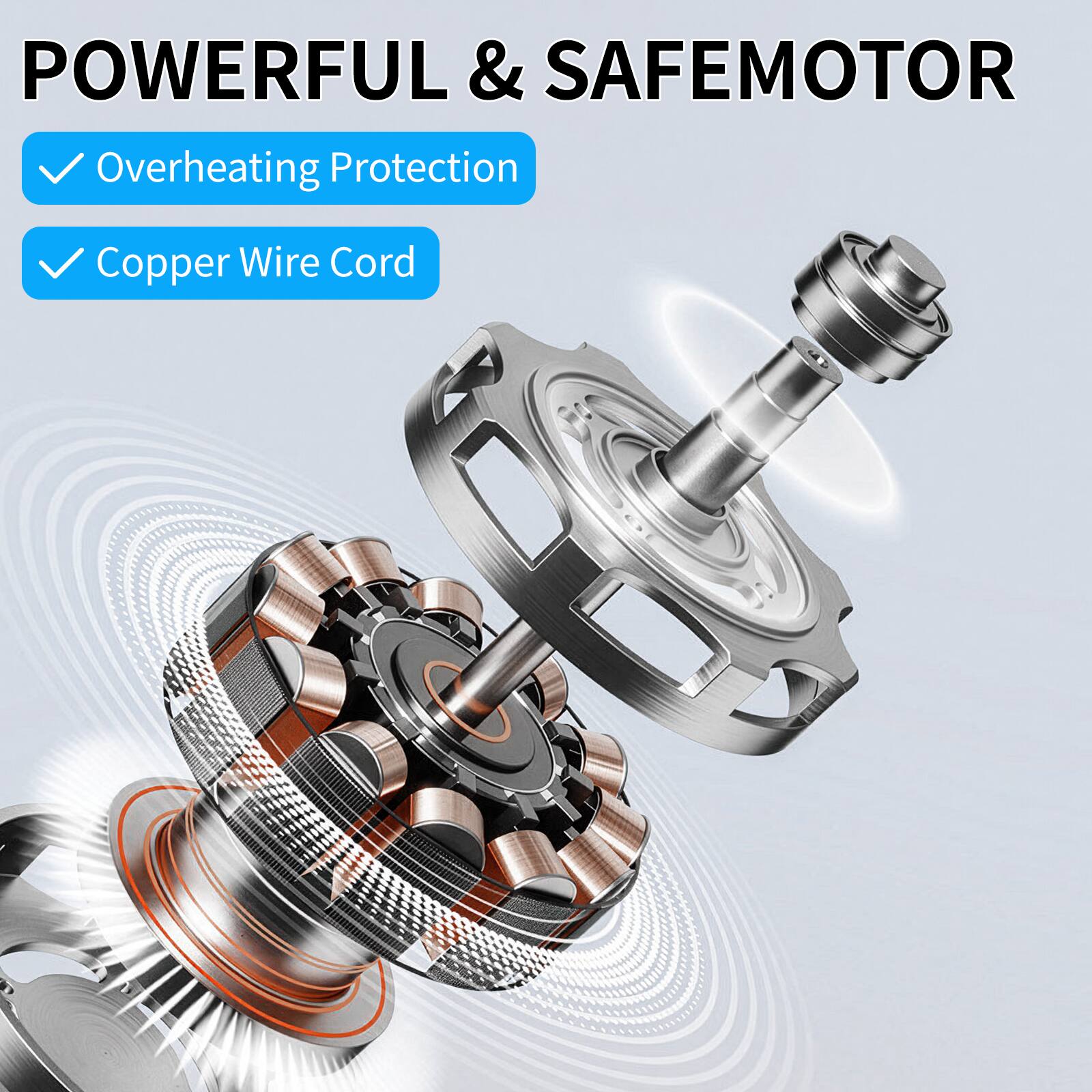 POWERFUL & SAFEMOTOR  
- Overheating Protection  
- Copper Wire Cord