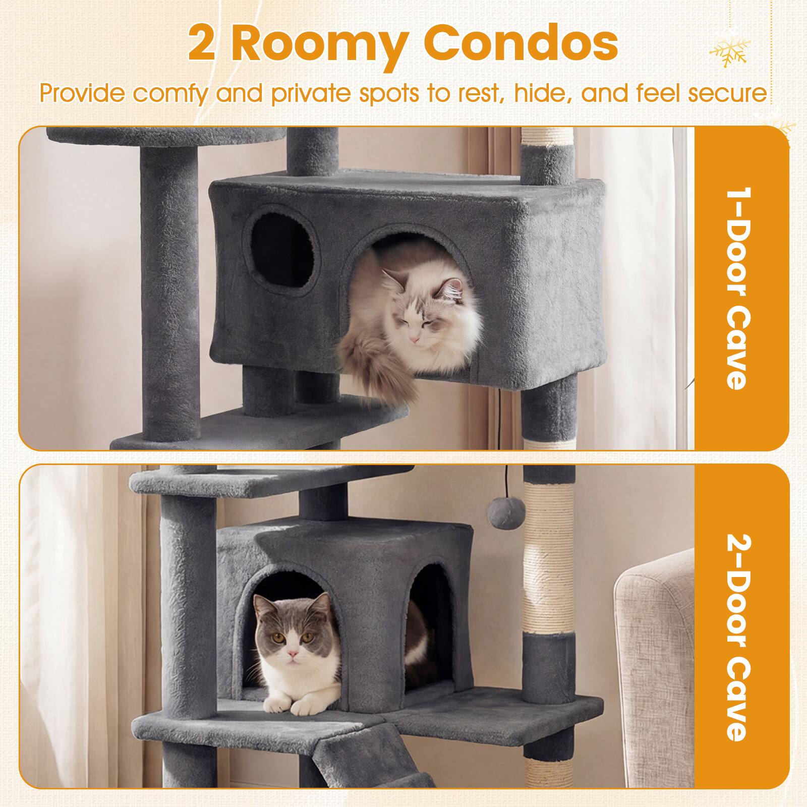 2 Roomy Condos  
Provide comfy and private spots to rest, hide, and feel secure  

1-Door Cave  
2-Door Cave