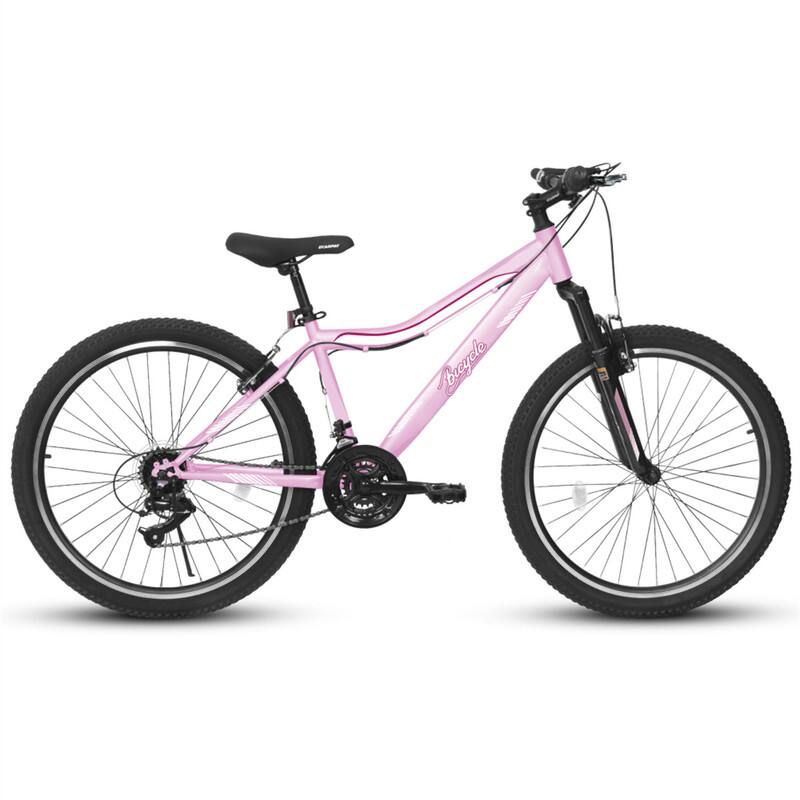 Angle. HTUTWOO - Mountain Bike - 26 Inch High-Density Carbon Steel Frame, 21 Speed, Front Suspension, Dual V-Brakes, 80% Pre-Assembled - Pink.