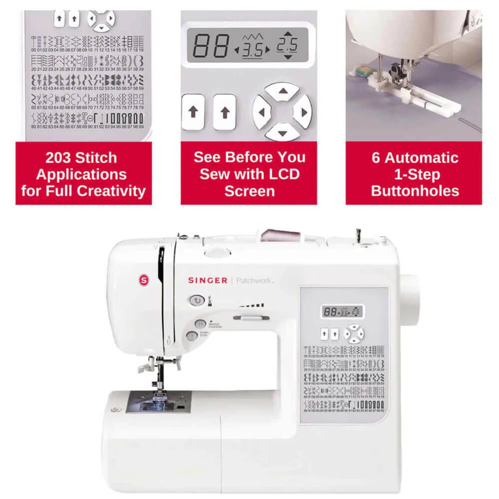 - 203 Stitch Applications for Full Creativity
- See Before You Sew with LCD Screen
- 6 Automatic 1-Step Buttonholes
- Singer Patchwork
- 88 Stitches
- 3.5 mm Stitch Width
- 2.5 mm Stitch Length