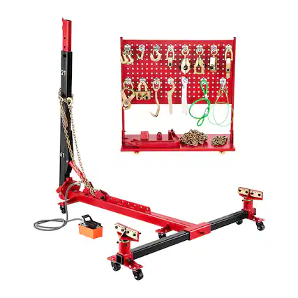 Front. VEVOR - Auto Body Frame Puller Straightener, 6T Tension Car Body Repair Equipment with 6000PSI Hydraulic Foot Pump & Swivel Post - Red.