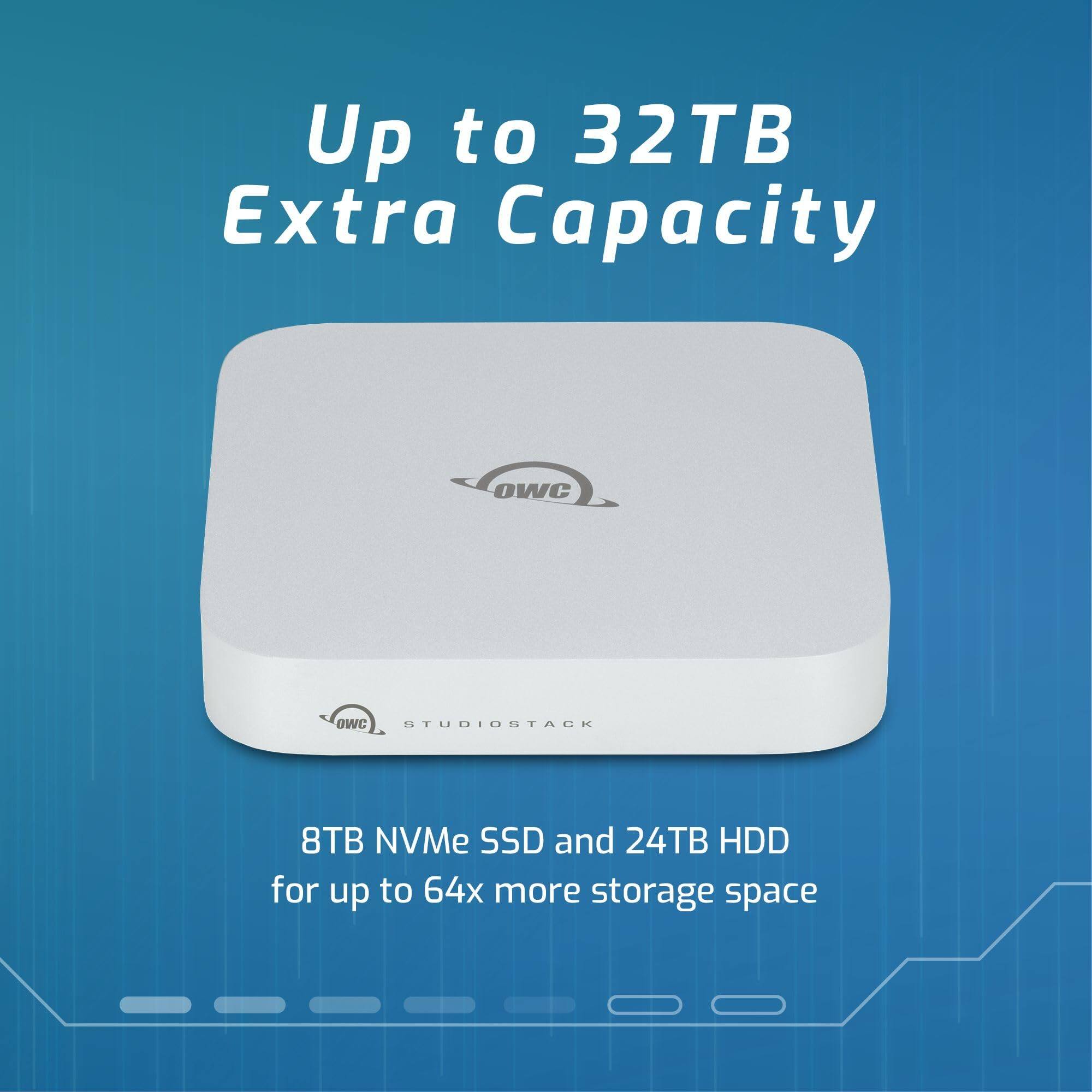 Up to 32TB Extra Capacity  
OWC STUDIO STADR  
8TB NVMe SSD and 24TB HDD for up to 64x more storage space
