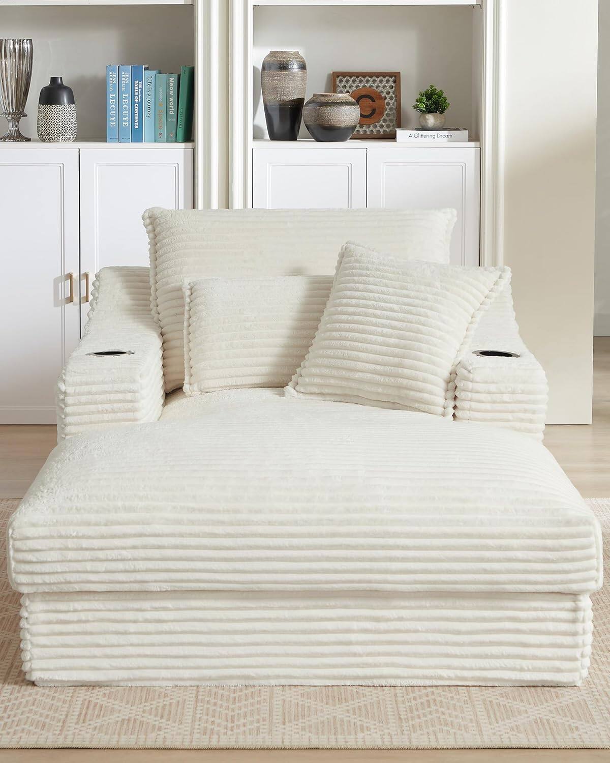 Trinkets Crazed - 48" W Upholstered Corduroy Sofa Chaise Lounge Chair Indoor with Cup Holders - White