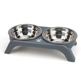 Supet - Stainless Steel Double Bowl with Raised Stand for Puppies & Cats - Gray